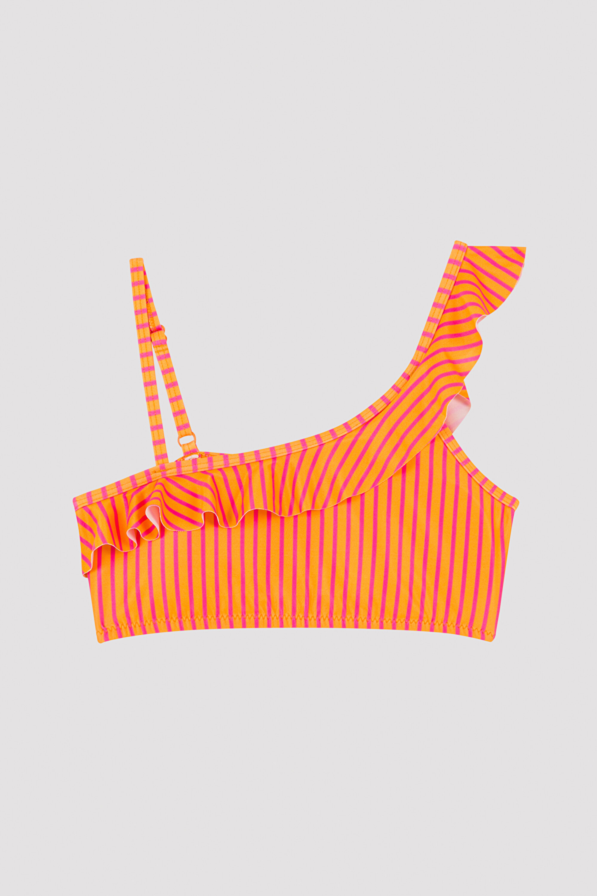 Çok Renkli Kız Çocuk Çizgili Fırfırlı Tek Omuz Bikini Takımı