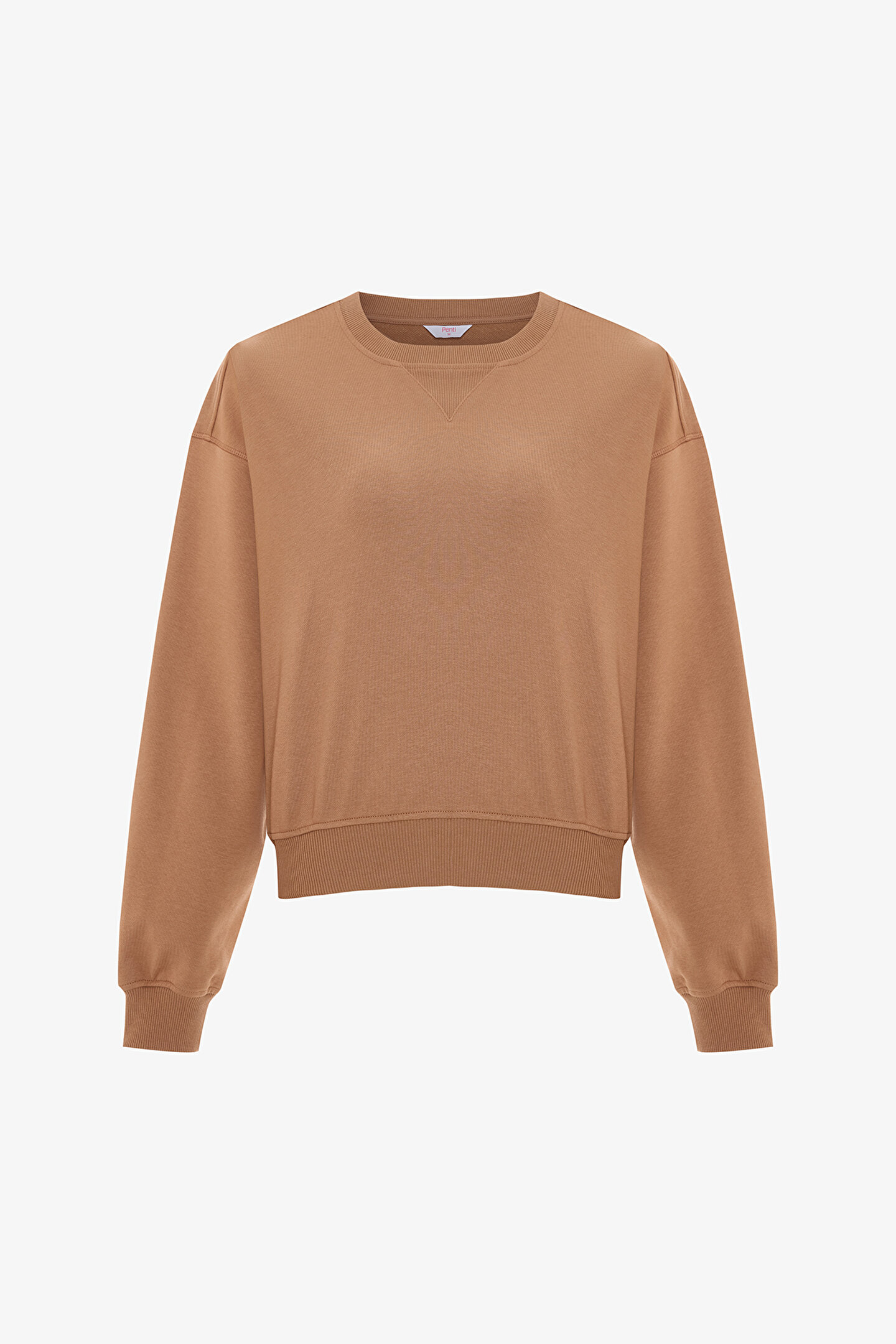 Açık Kahverengi Curvy Edge Bisiklet Yaka Oversize Crop Sweatshirt - 1