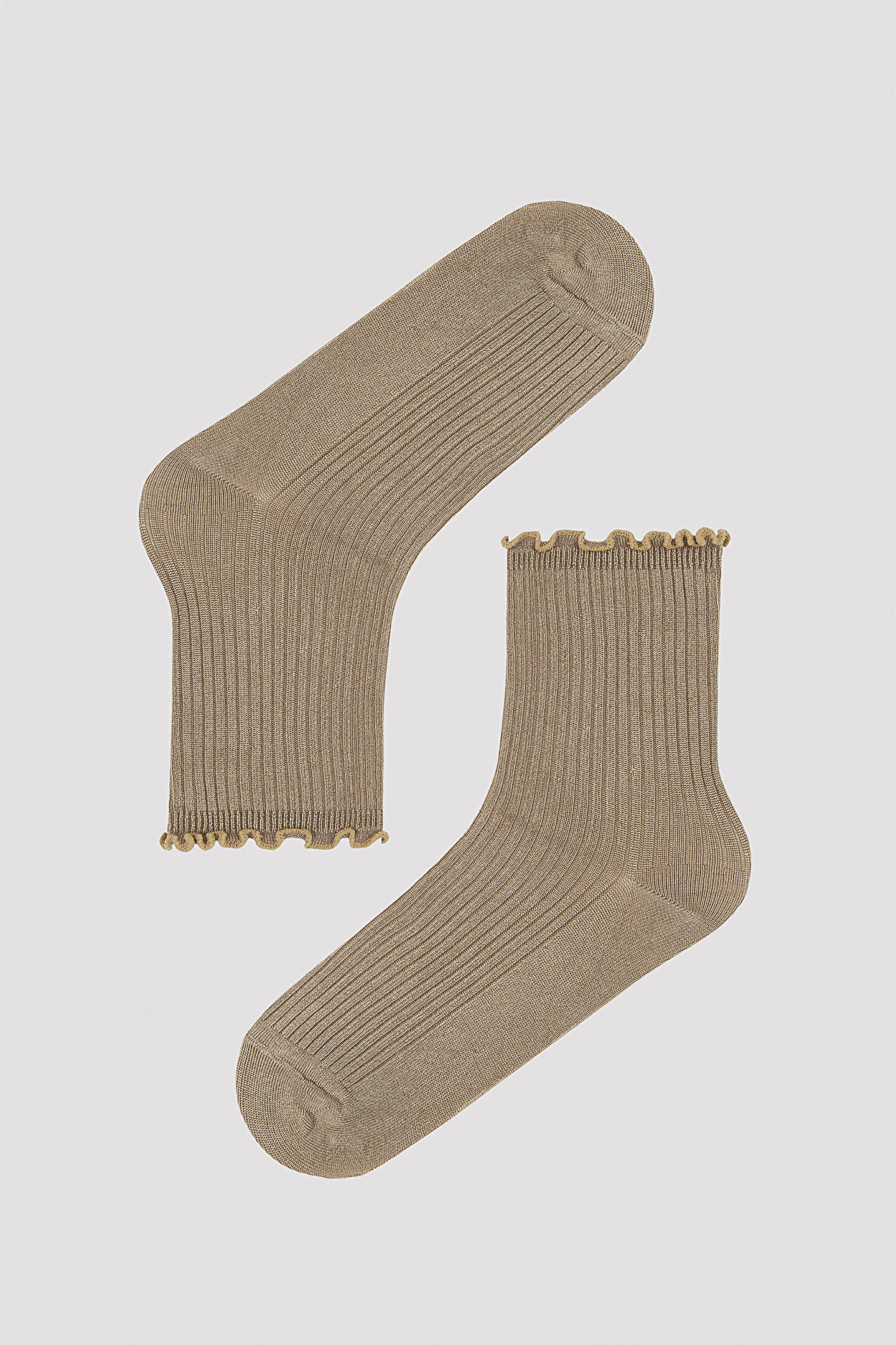 Ribed Fırfırlı Kahverengi Soket Çorap - 1