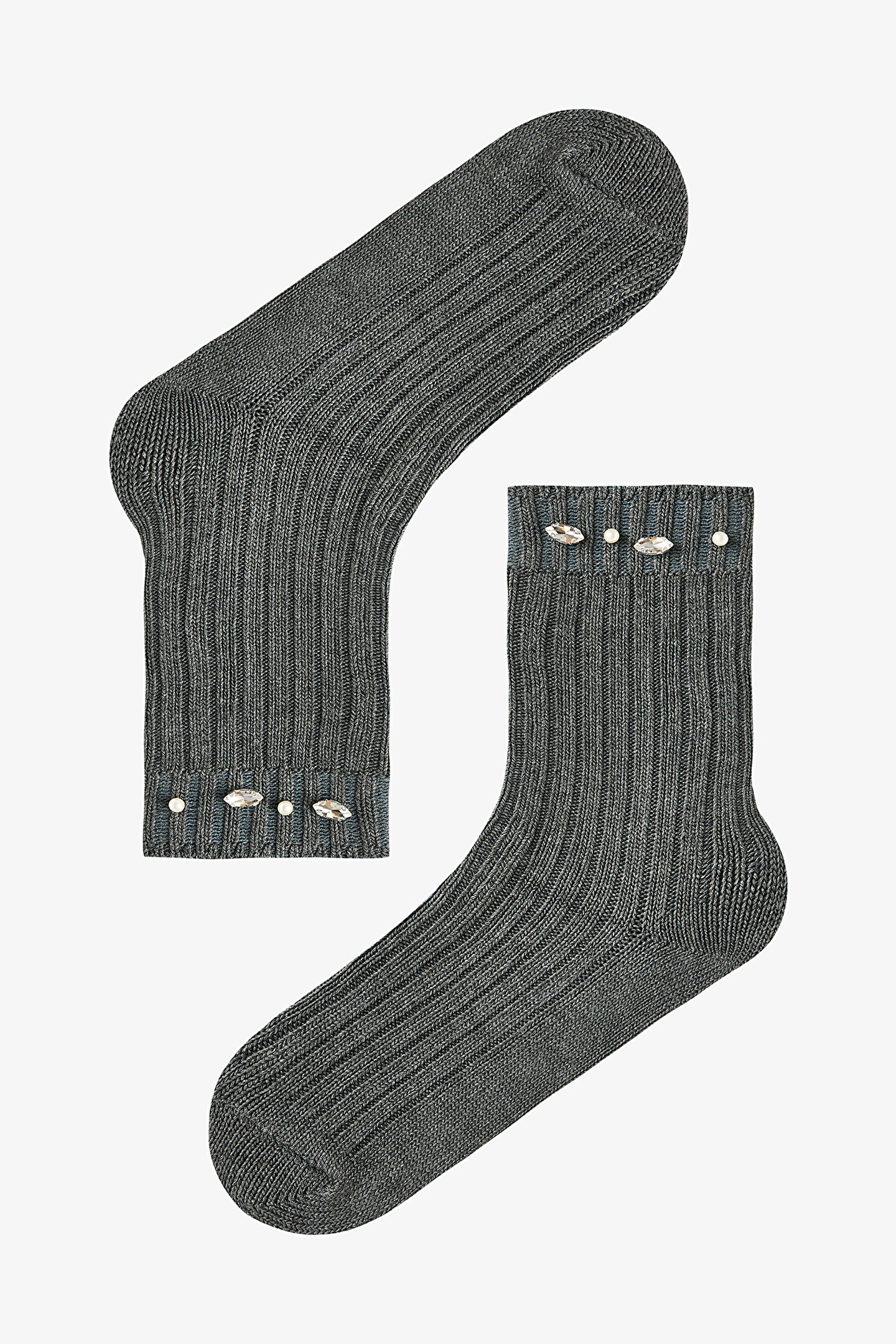 İnci ve Taş Detaylı Kalın Soket Çorap - 1