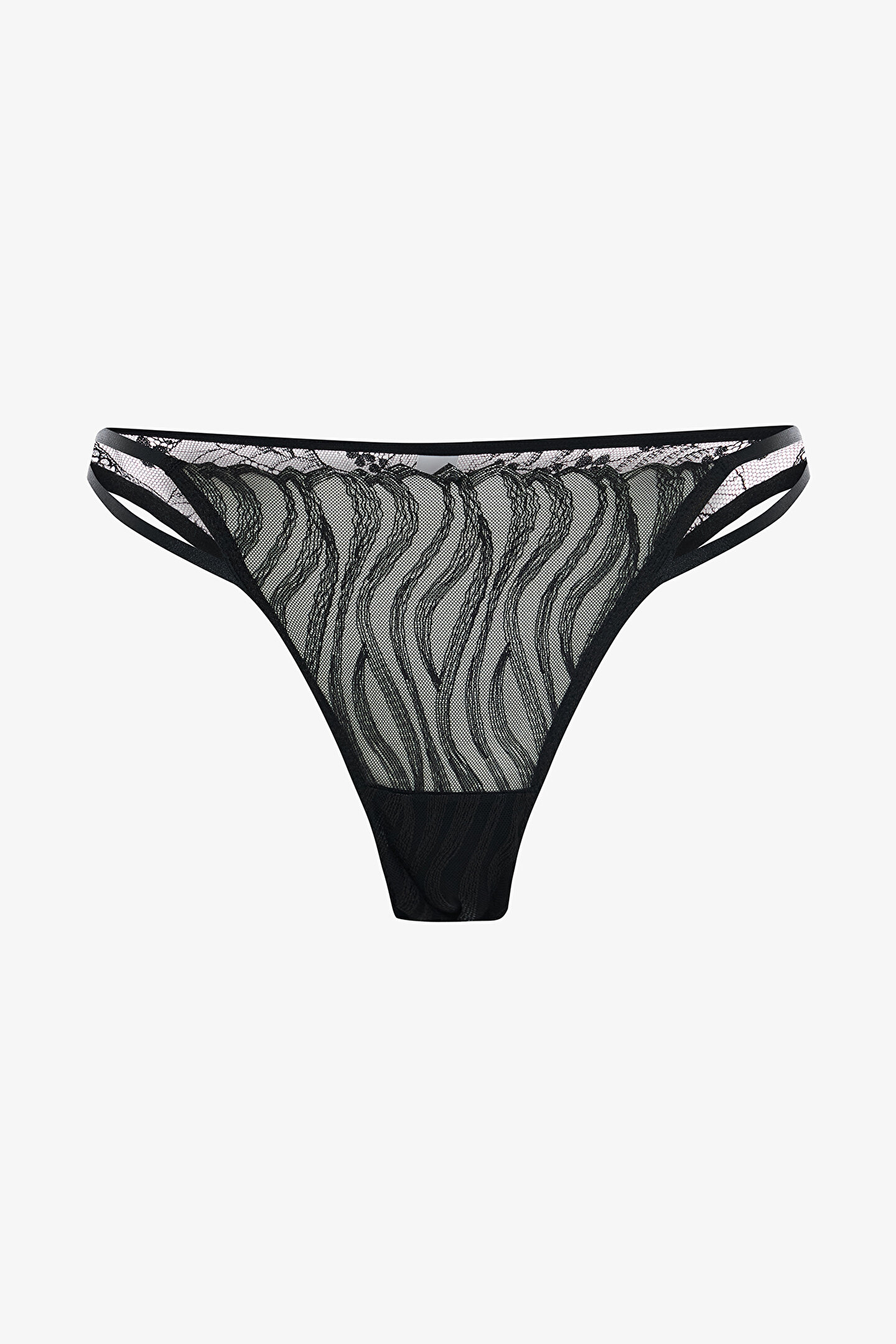 Siyah Brode Zebra Desenli Şerit Detaylı Düşük Bel Slip - 1