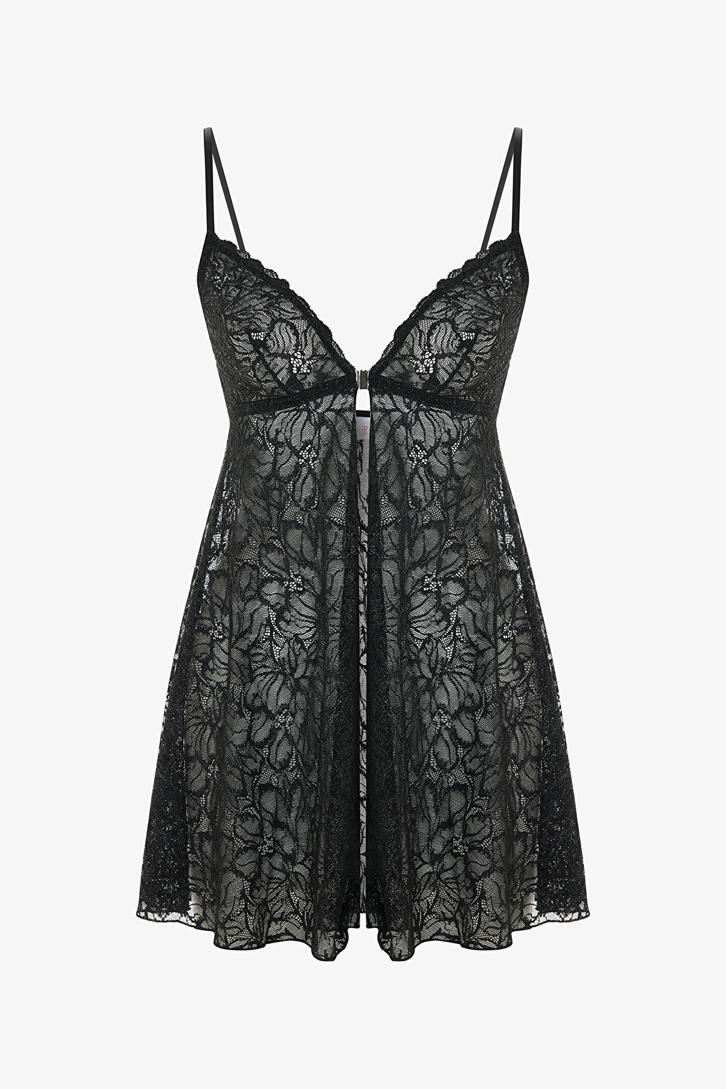 Siyah Front Opening Lace Babydoll - 1