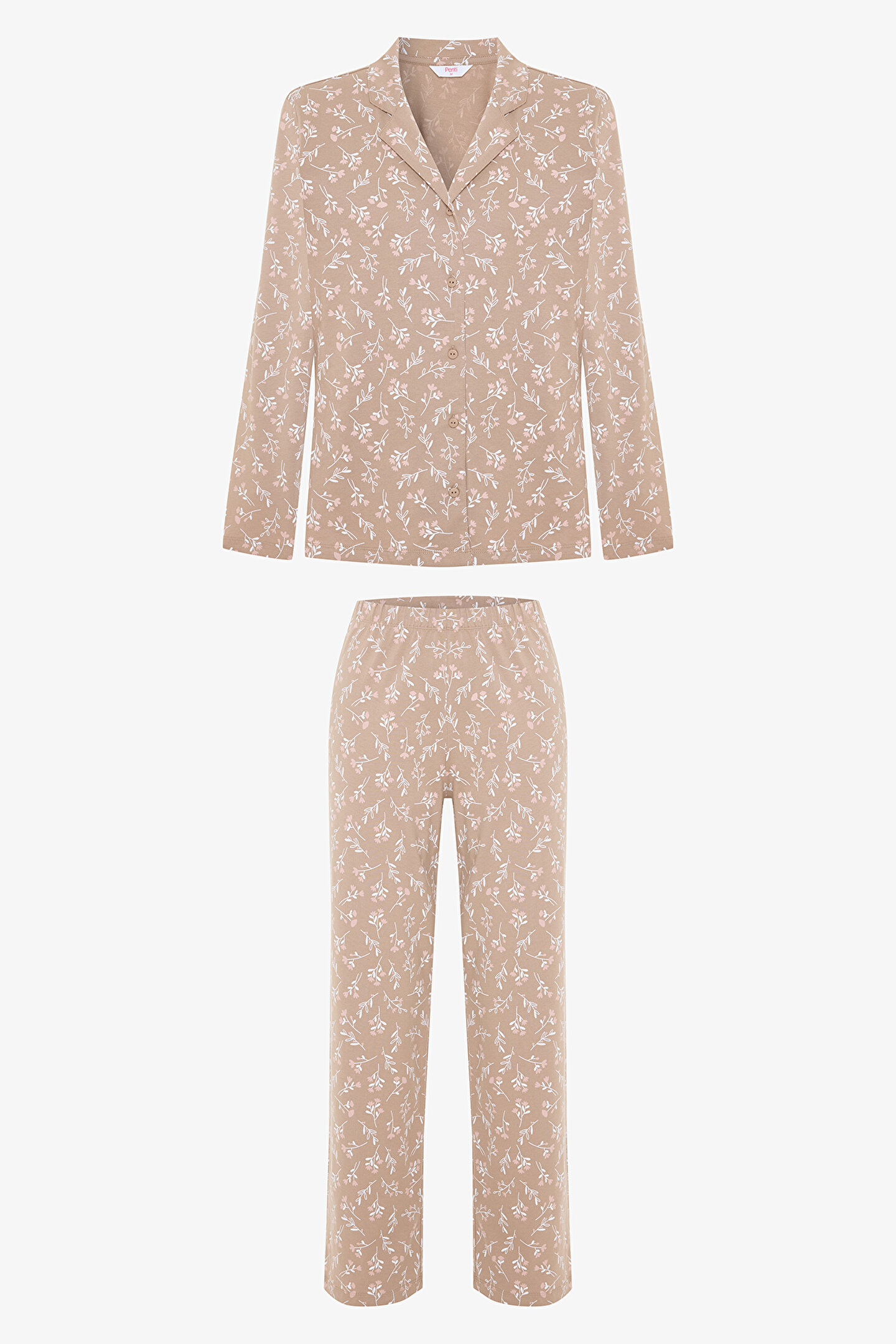 Beige Flower Time Shirt Collar Long Sleeve Pajama Set - 1