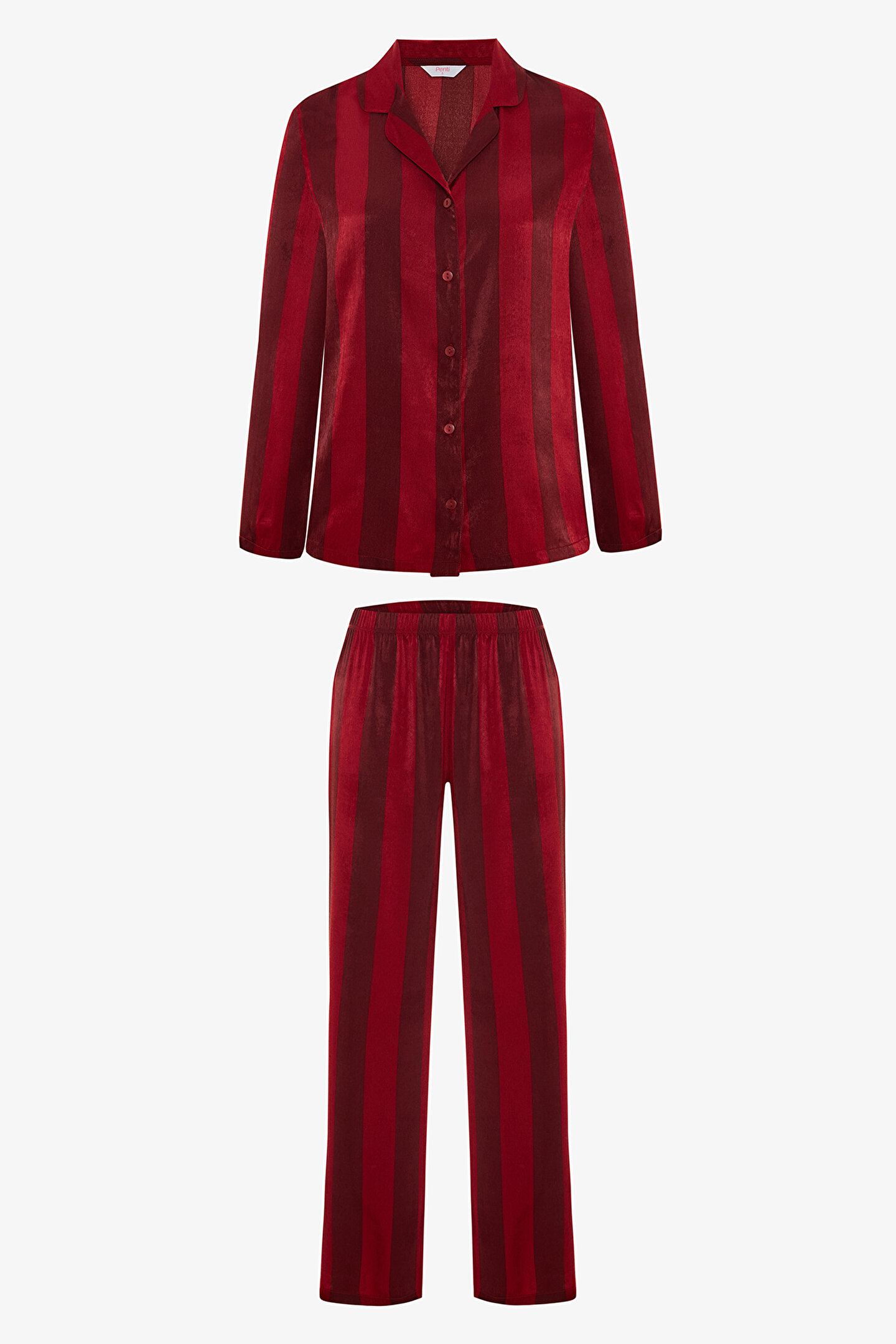 Red Margot Striped Satin Shirt Collar Long Sleeve Pajama Set - 1