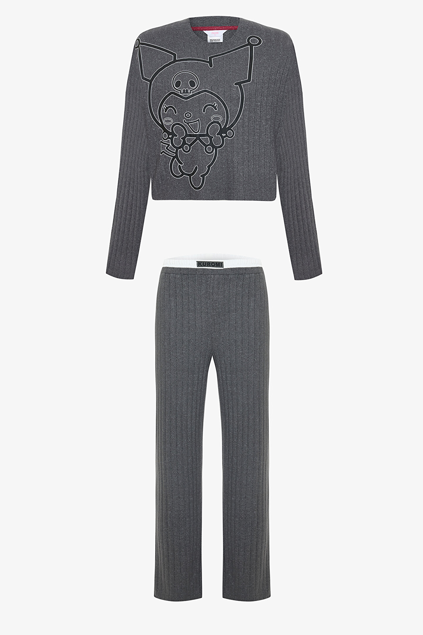 Antrasit Kuromi Baskılı Kayık Yaka Uzun Kollu Pijama Takımı - 1