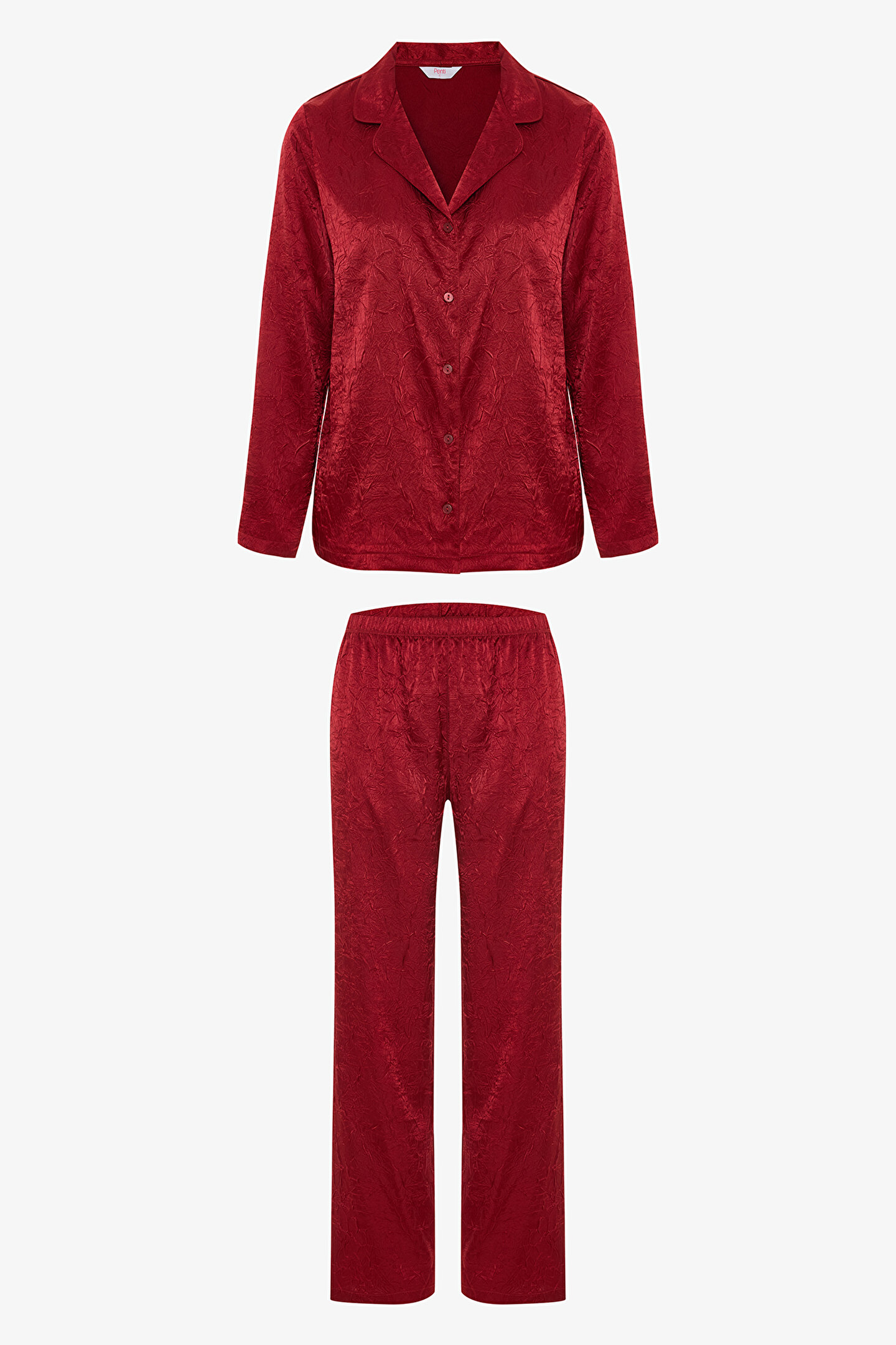 Red Satin Shirt Collar Long Sleeve Pajama Set - 1