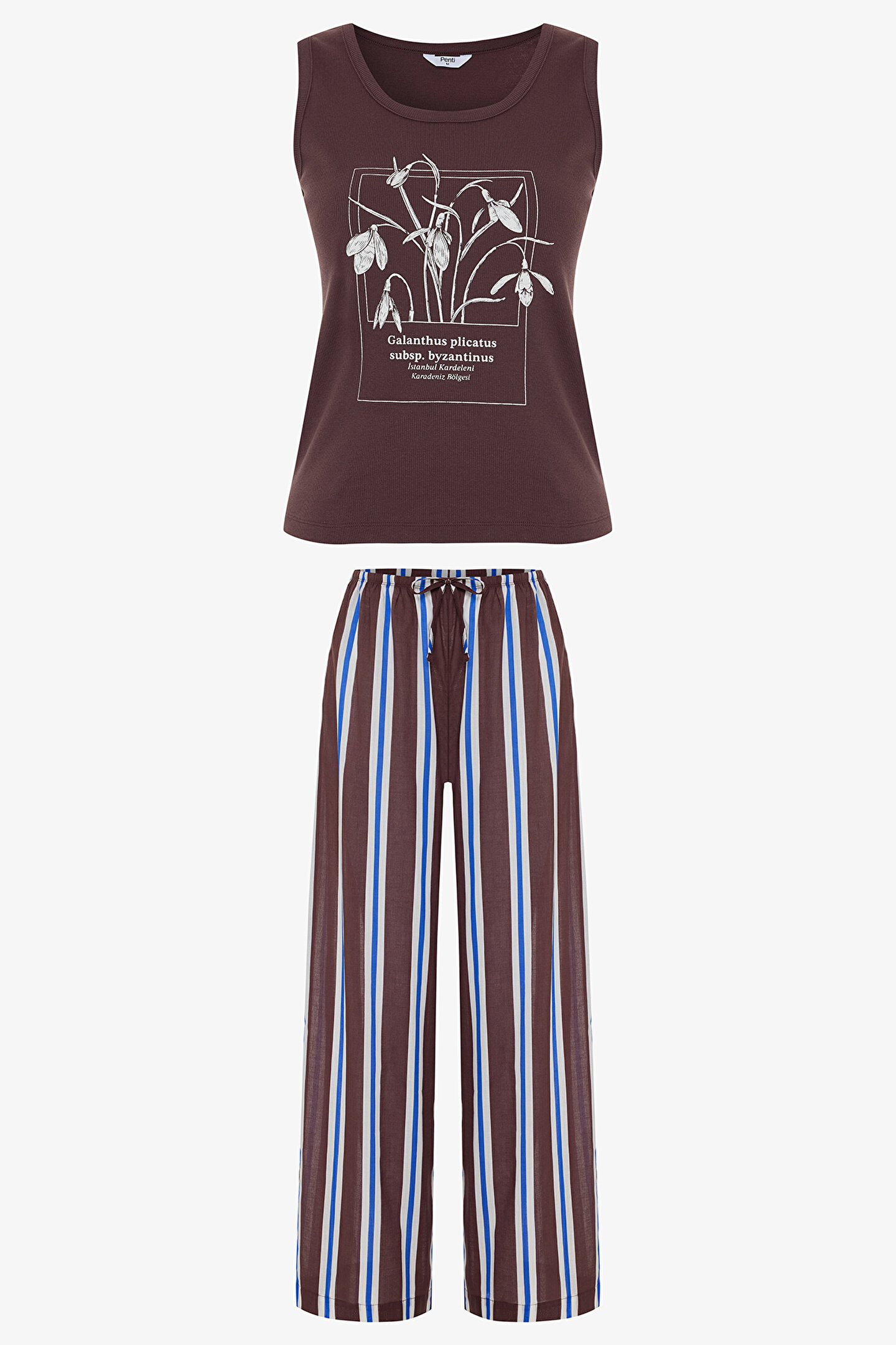Kahverengi Istanbul Kardeleni Çizgili Bisiklet Yaka Askılı Pamuklu Pijama Takımı - Inspired by Flora - 1