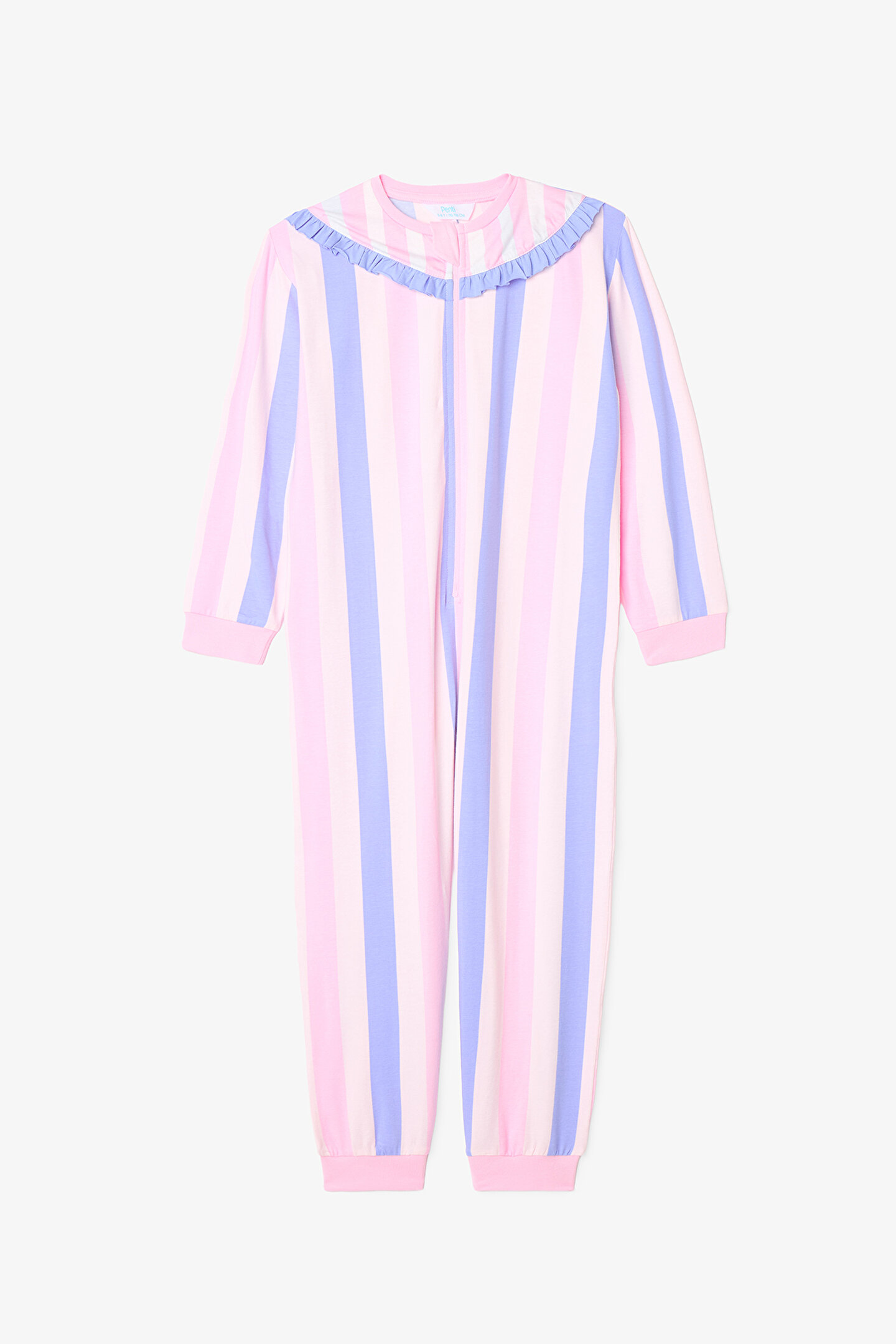 Açık Pembe Kız Çocuk Çizgili Fermuarlı Pijama Tulum - 1
