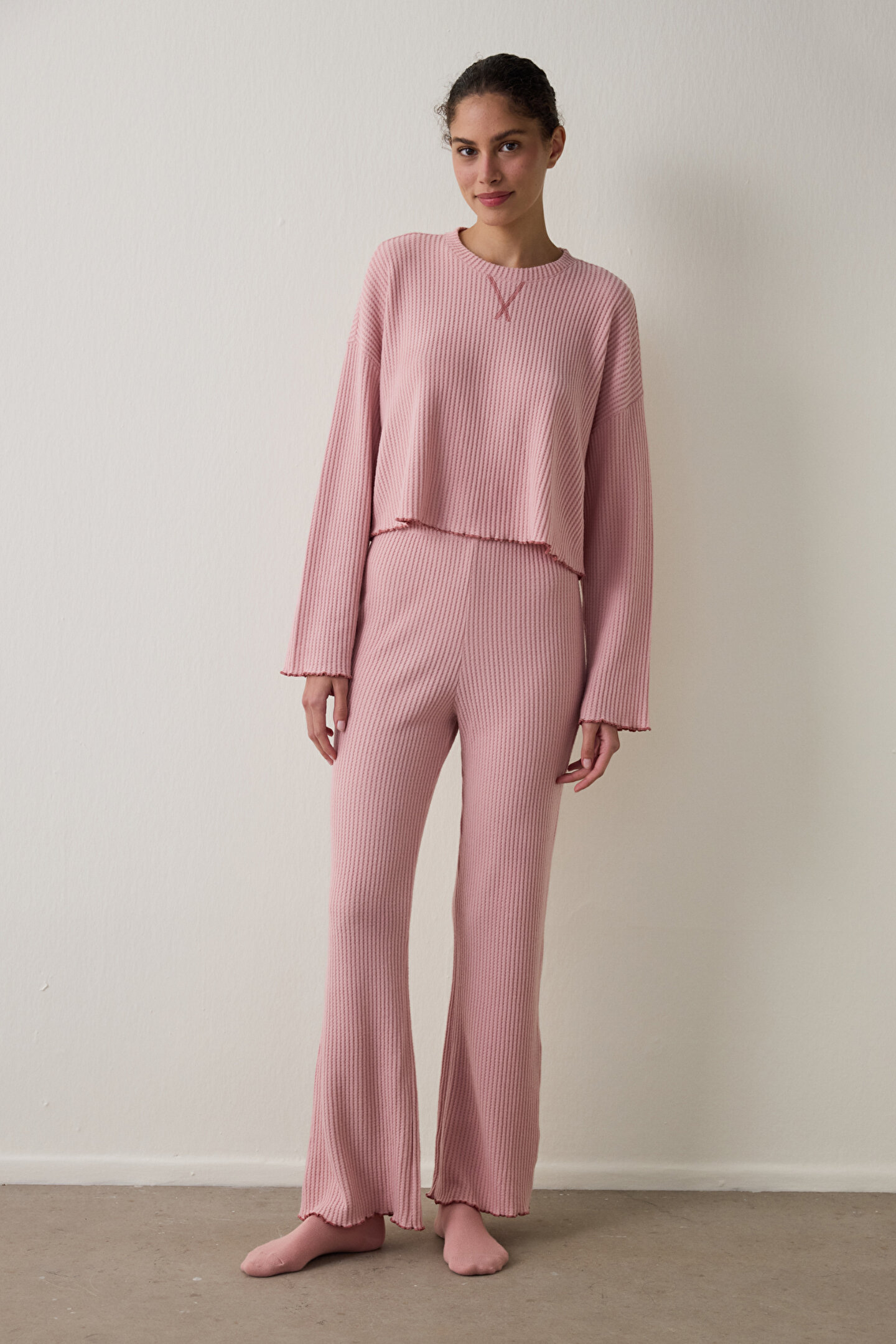 Powder Pink Boat Neck Waffle Thermal Effect Long Sleeve Pajama Set - 1