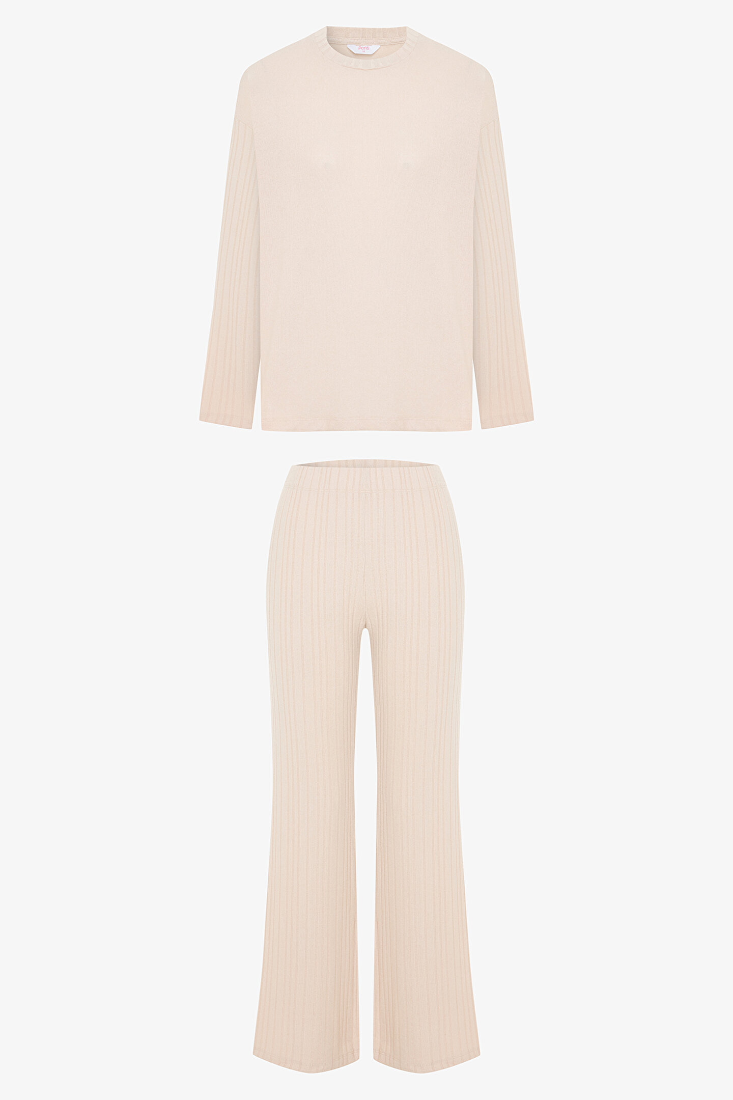 Beige Melange Coziness Crew Neck Long Sleeve Pajama Set - 1