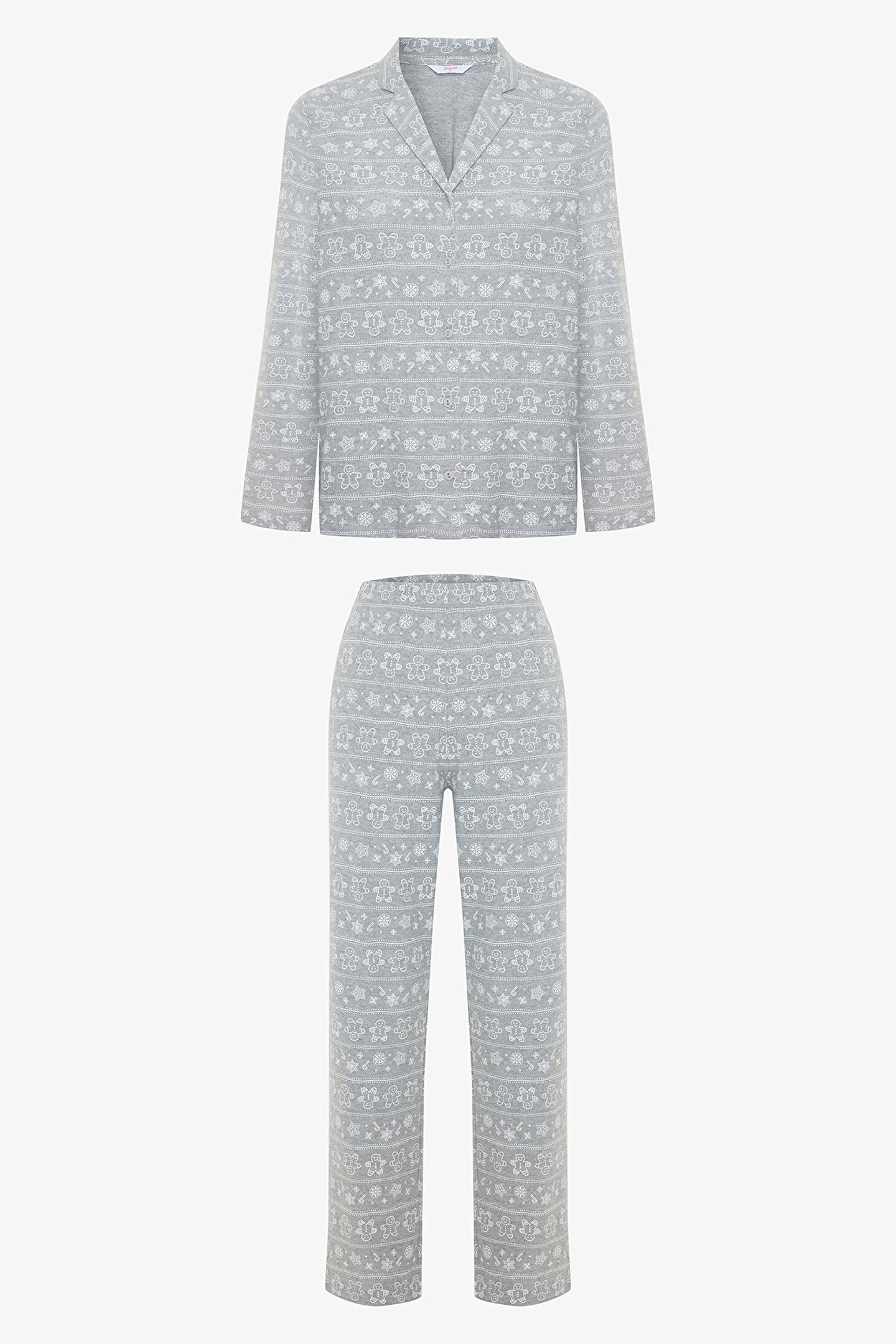 Gri Melanj Gingerbread Gömlek Yaka Termal Etkisi Pijama Takımı - 1