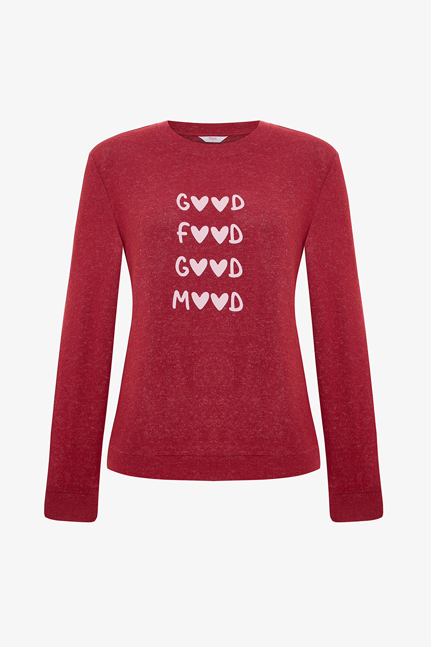 Bordo Good Mood Slogan Baskılı Bisiklet Yaka Sweatshirt Pijama Üstü - 1