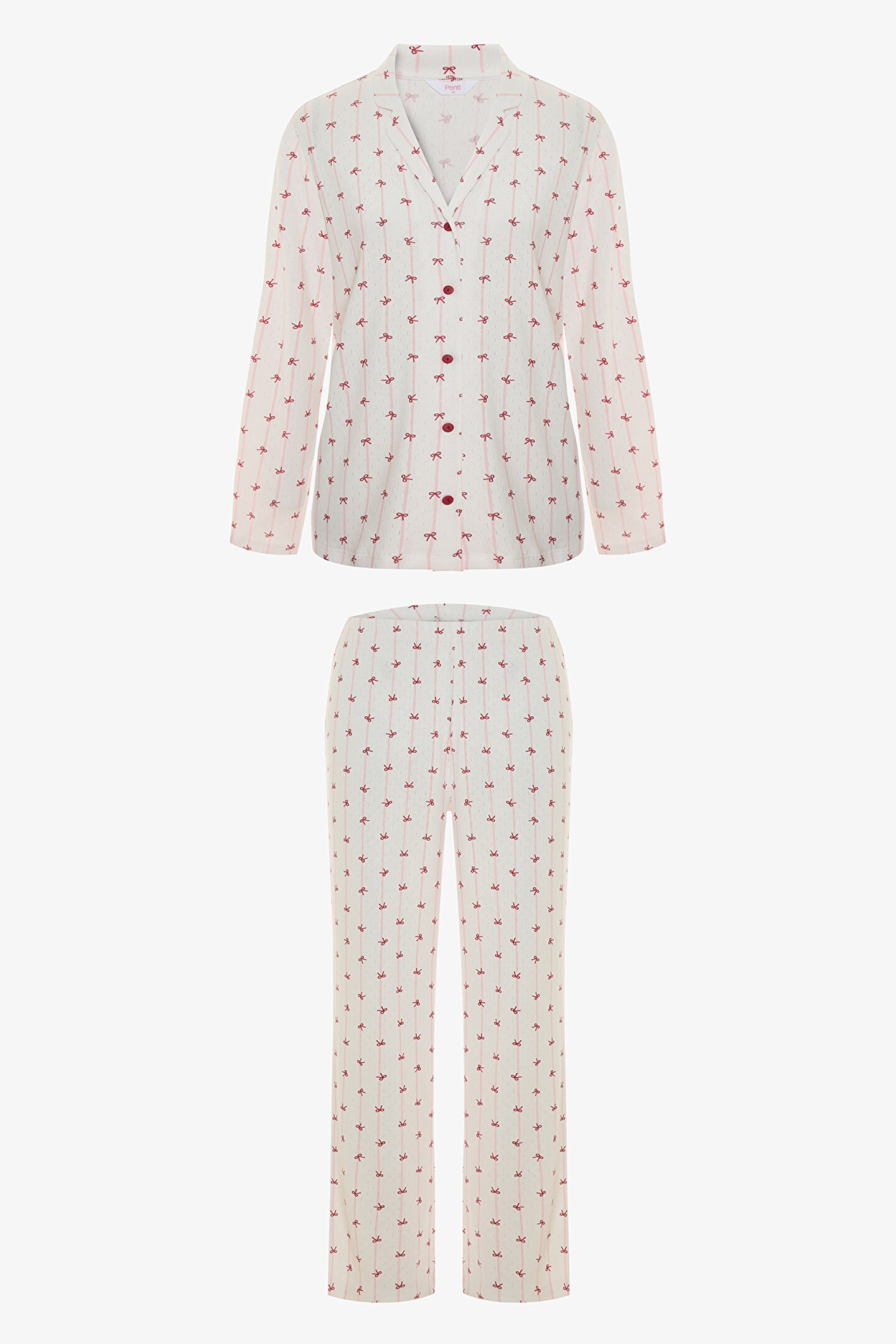 Off-White Bow Patterned Shirt Collar Long Sleeve Pajama Set - 1