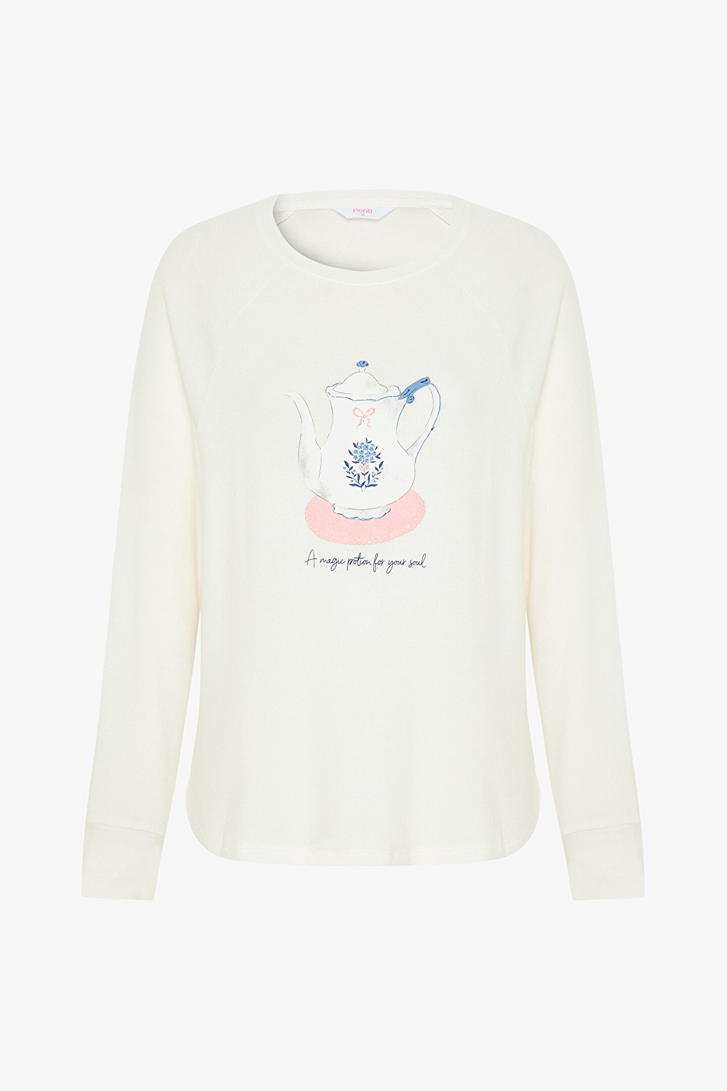Kırık Beyaz Tea Time Bisiklet Yaka Termal Etkisi Sweatshirt Pijama Üstü - 1