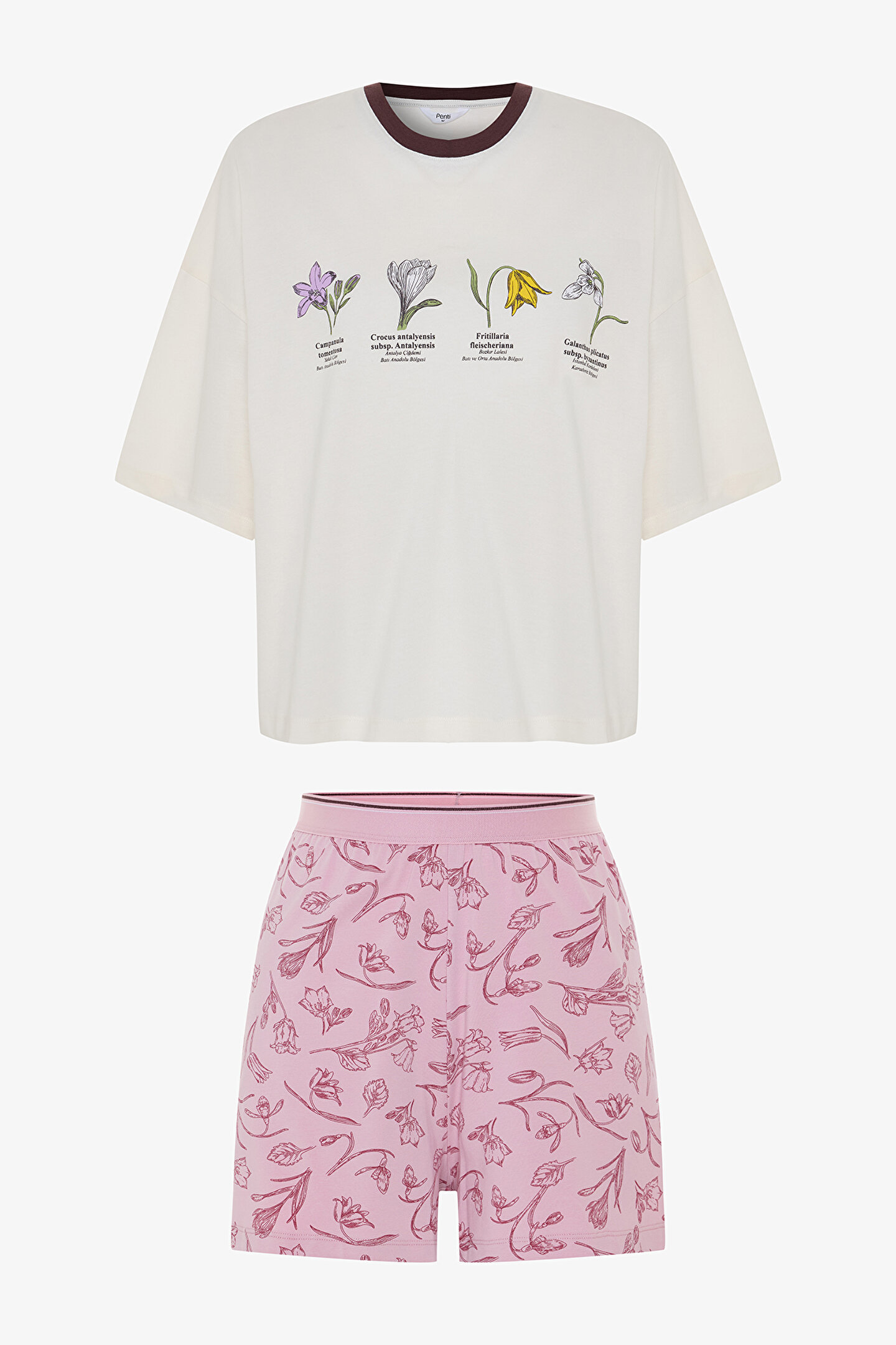 Ekru Bozkır Lalesi Çiçek Baskılı Organik Pamuk Bisiklet Yaka Kısa Kollu Şortlu Pijama Takımı - Inspired by Flora - 1