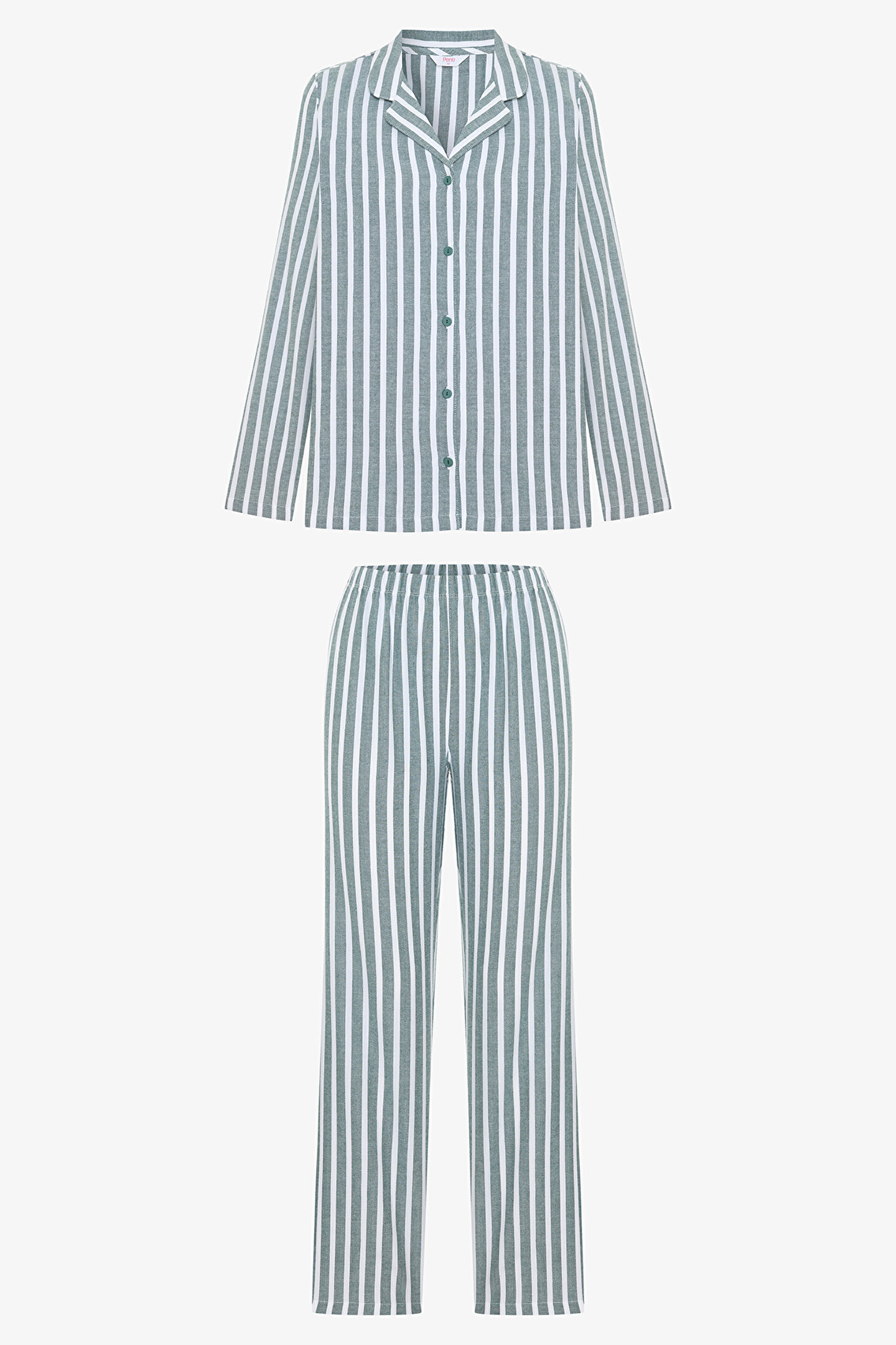 Koyu Yeşil Lazy Morning Çizgili Pamuklu Gömlek Yaka Pijama Takımı - 1