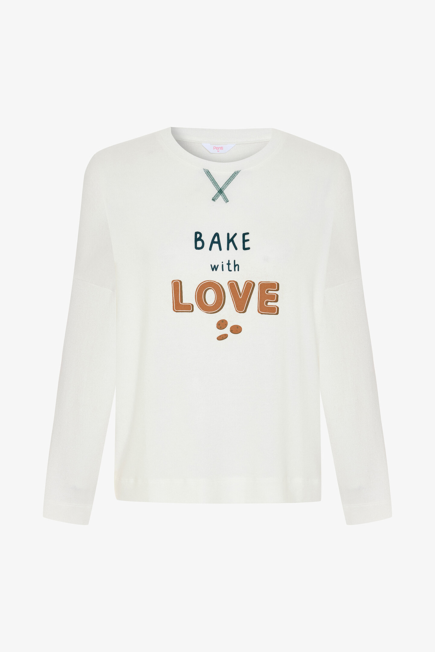 Off White With Love Slogan Printed Thermal Effect Sweatshirt Pajama Top - 1