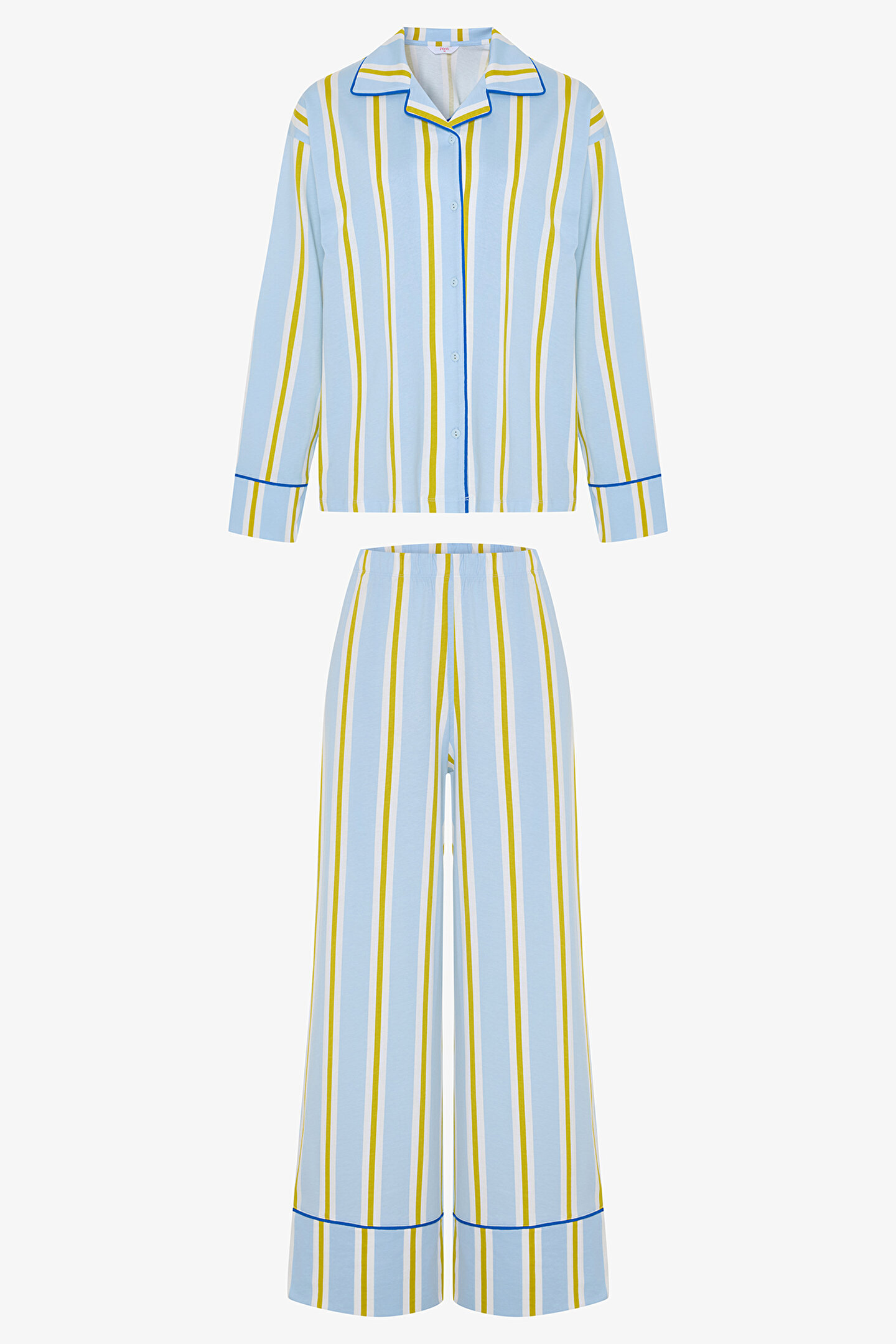 Açık Mavi Çizgili Gömlek Yaka Uzun Kollu Pijama Takımı- Inspired by Flora - 1