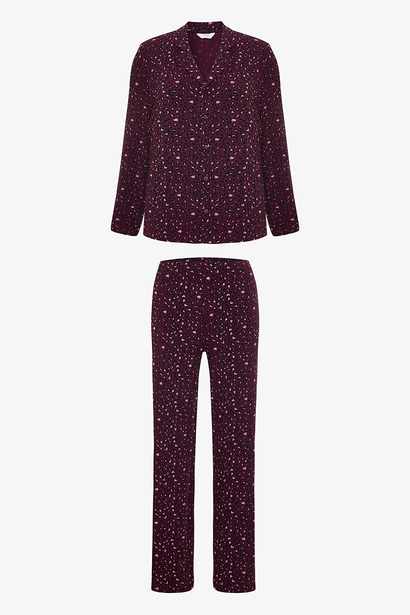Bordo Leopar Desenli Fitilli Gömlek Yakalı Uzun Kollu Pijama Takımı - 1