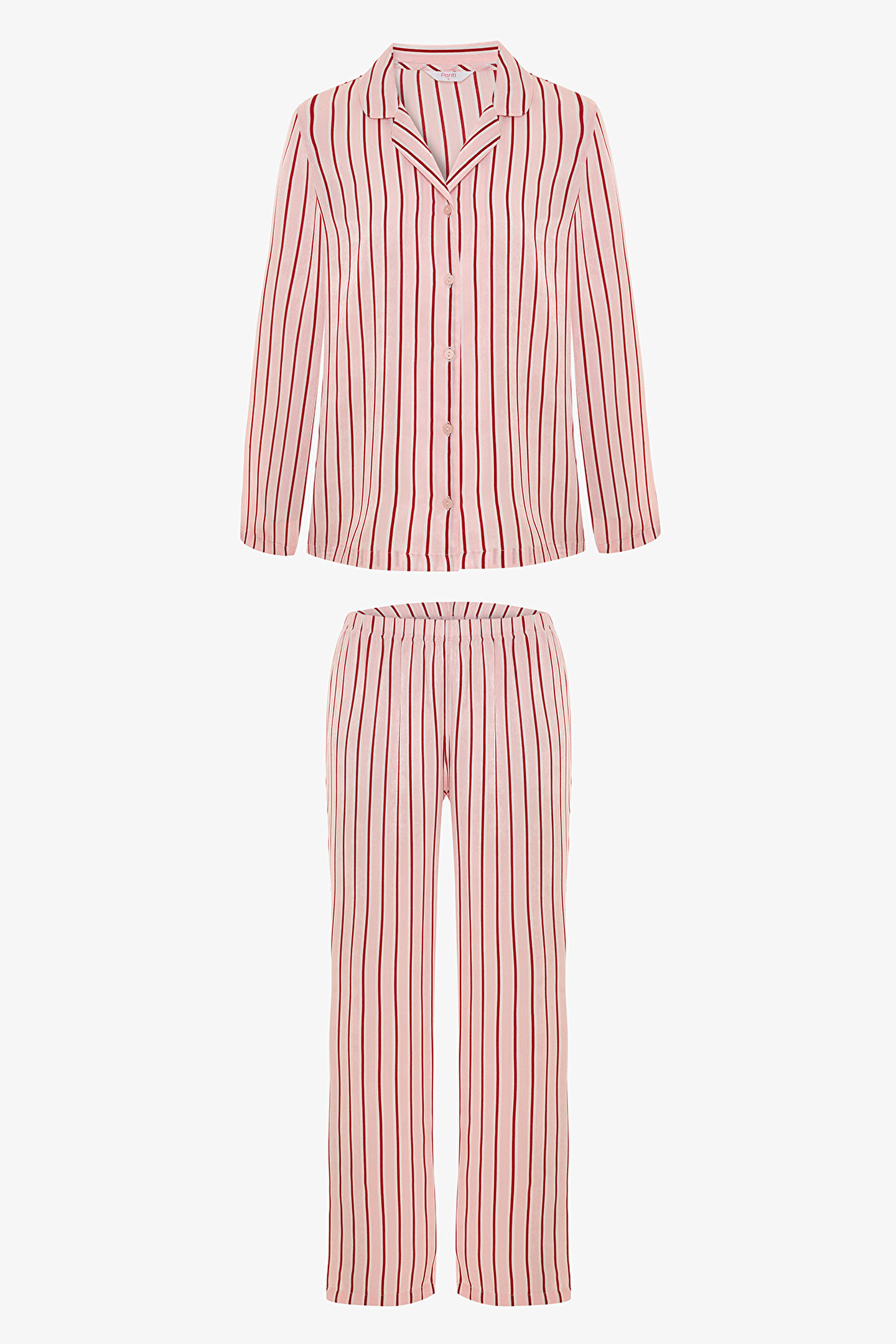 Dusty Rose Striped Shirt Collar Satin Pajama Set - 1