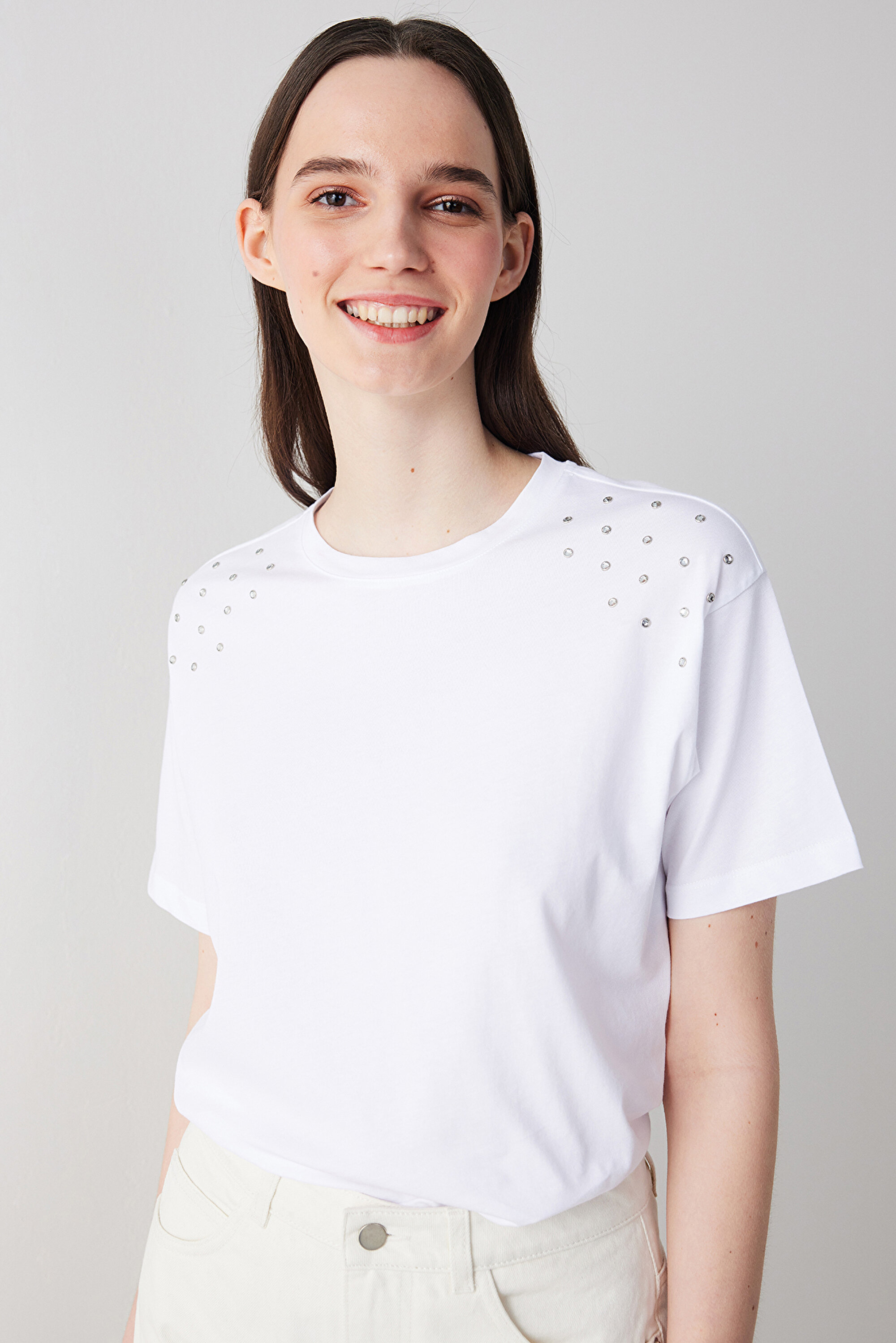 Stud Detailed White Tshirt PH2X4CJ624IY-WT2 - BEYAZ - Penti