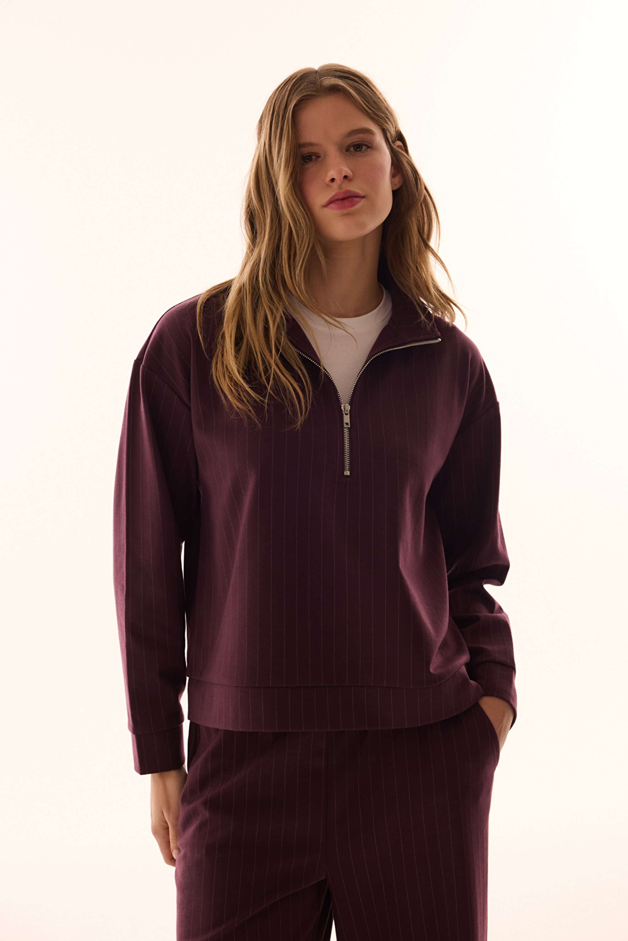 Burgundy Half-Zip Striped Polo Neck Sweatshirt PH48FG1X26IY-BR6