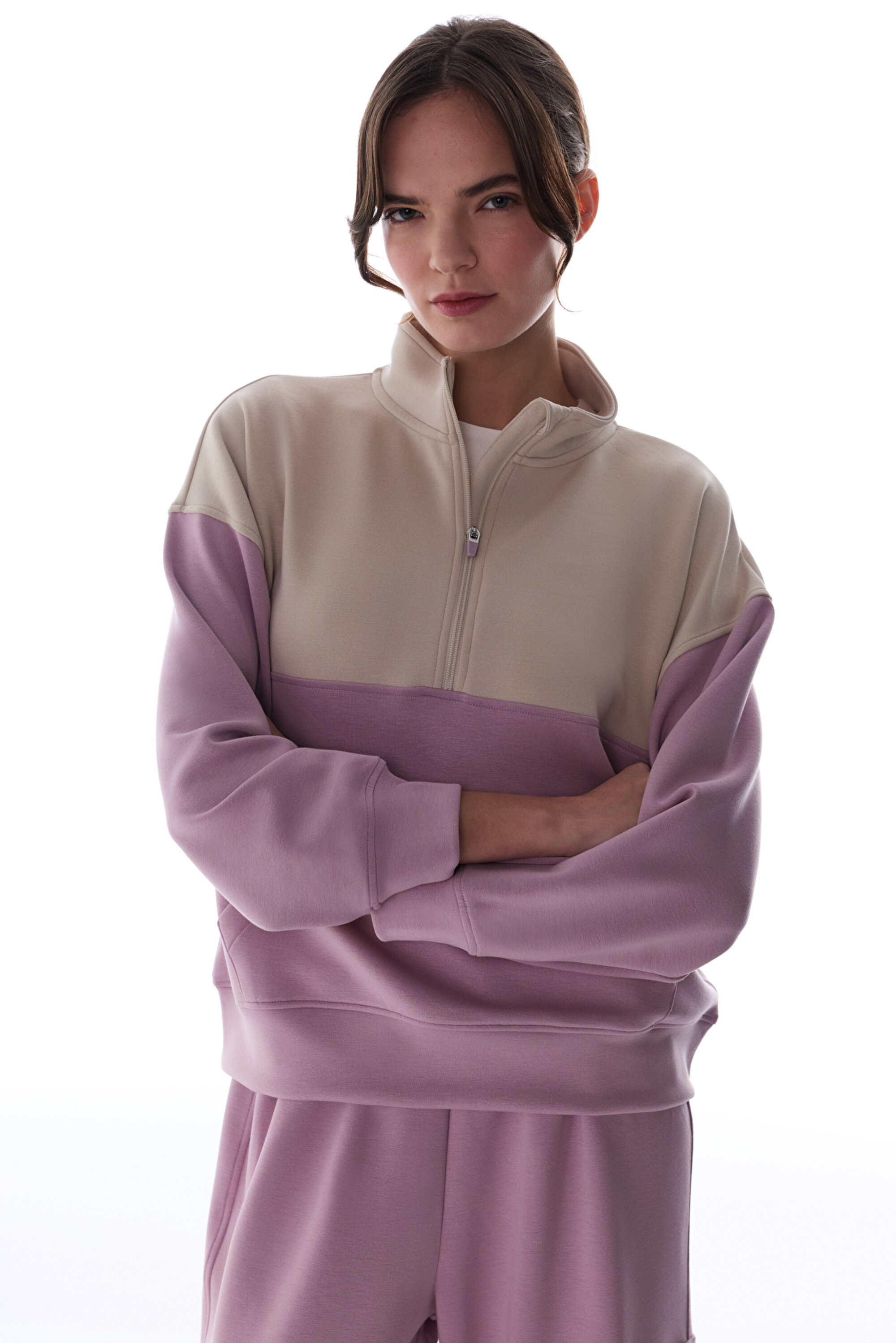 Pink Silky Feel Zip Neck Kangaroo Pocket Long Sleeve Sweatshirt