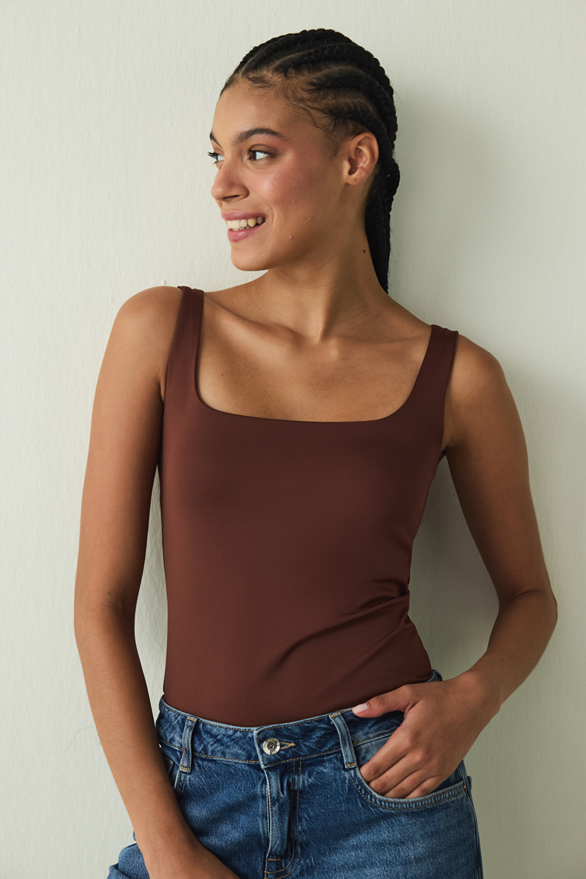 Cappuccino Square Neck Thick Strap Covered Bustier PH6HZ83D25SK