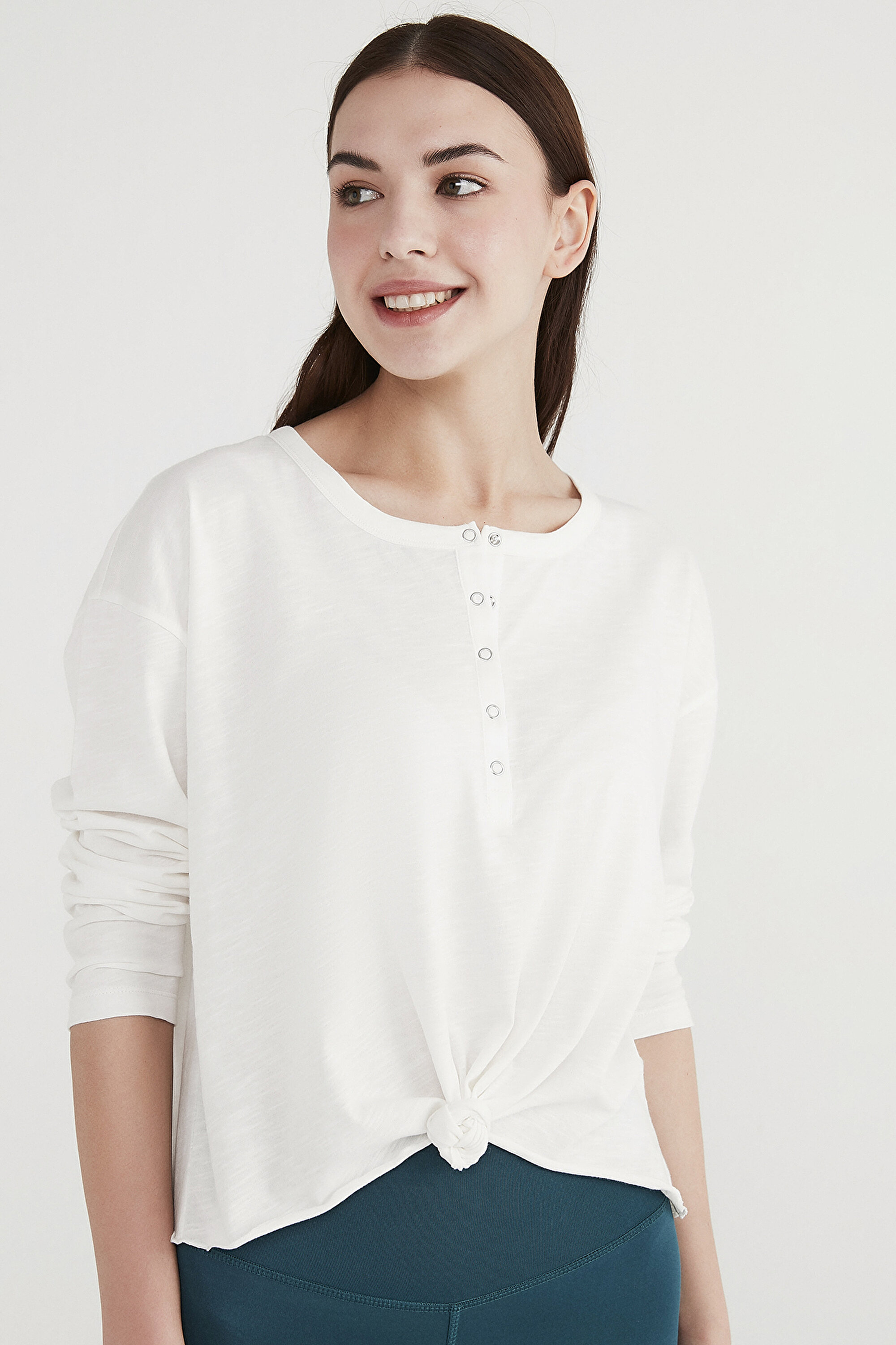 KNOTTED LONG SLEEVE TSHIRT, L, BEYAZ1