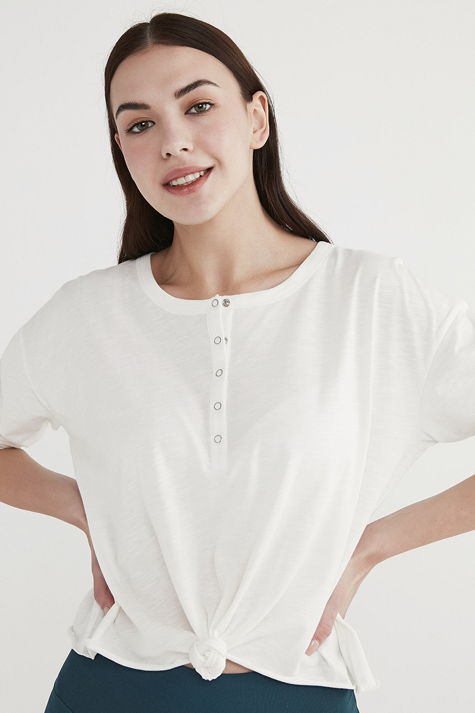KNOTTED LONG SLEEVE TSHIRT, L, BEYAZ1