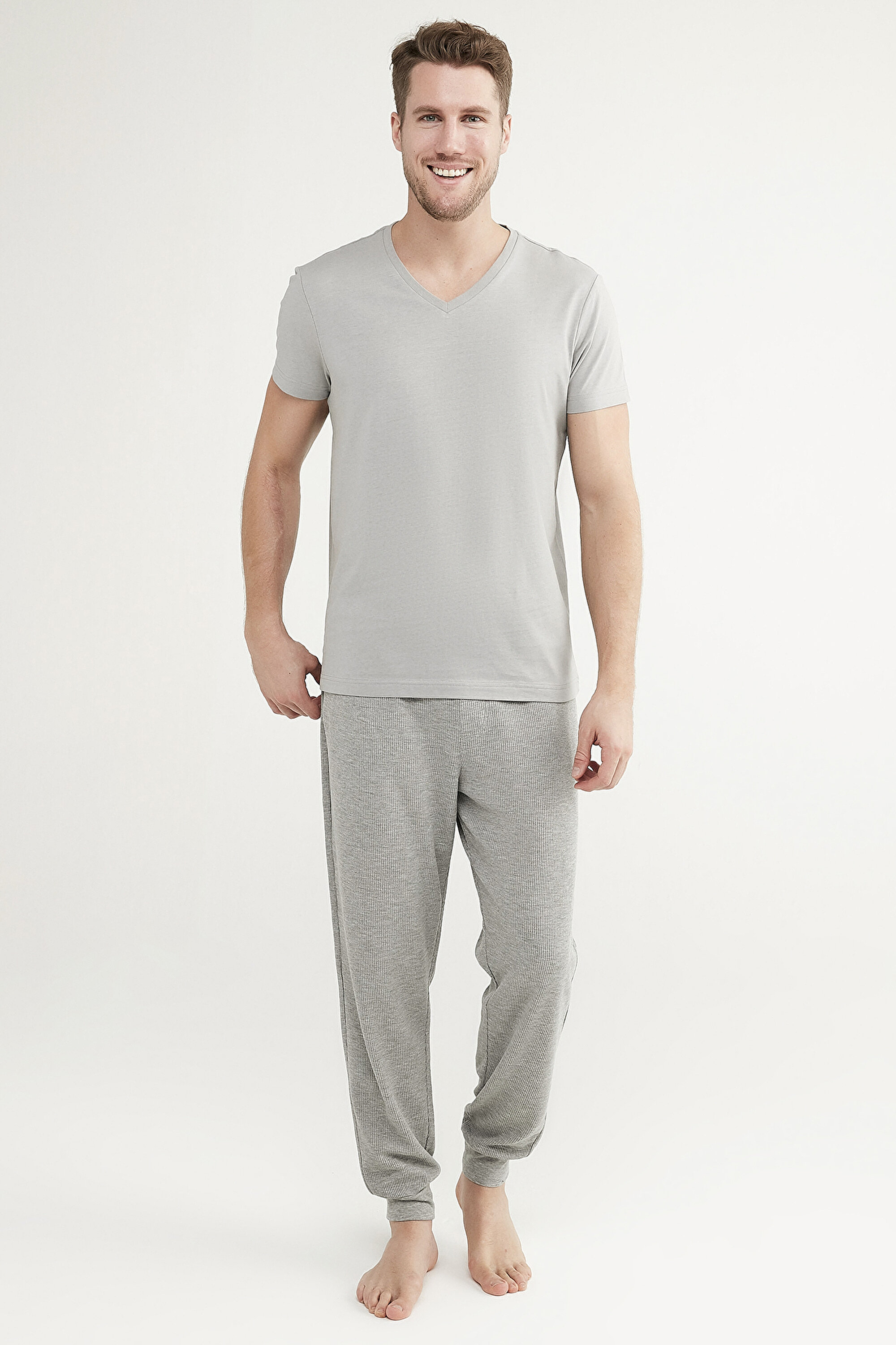 GREY V-NECK SS PANTOLON SET, L, MIX MIX