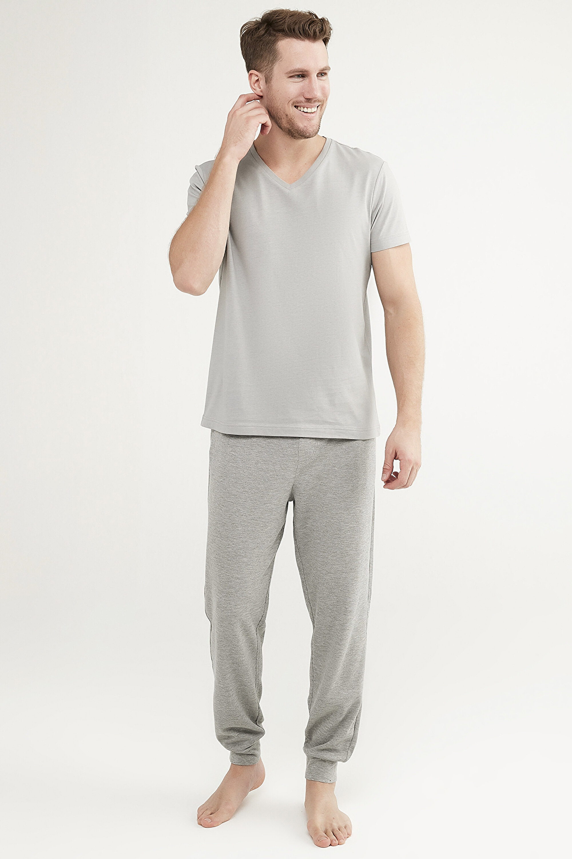 GREY V-NECK SS PANTOLON SET, L, MIX MIX