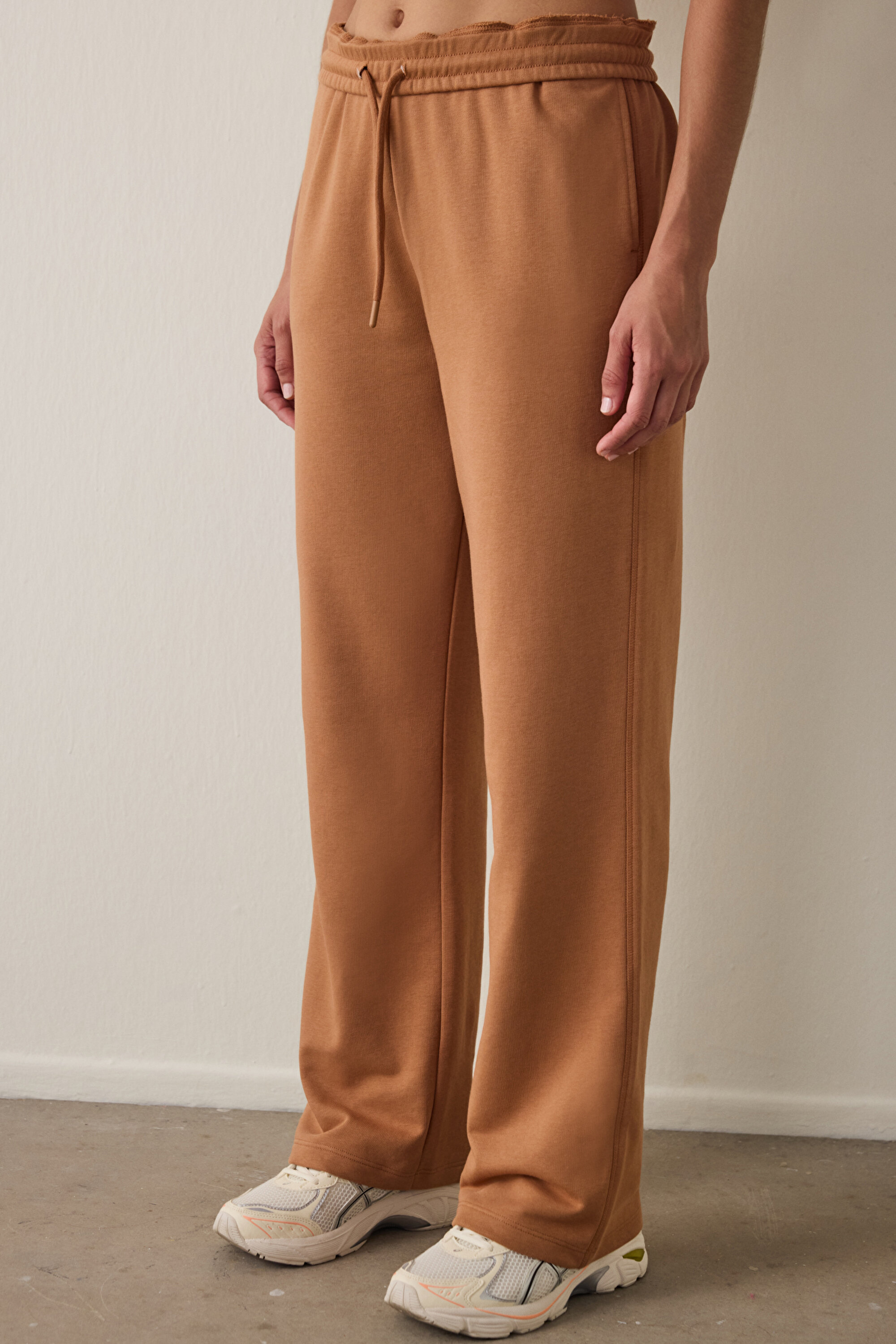 Light Brown Foldable Oversize Mid Waist Tie Detailed Sweatpants