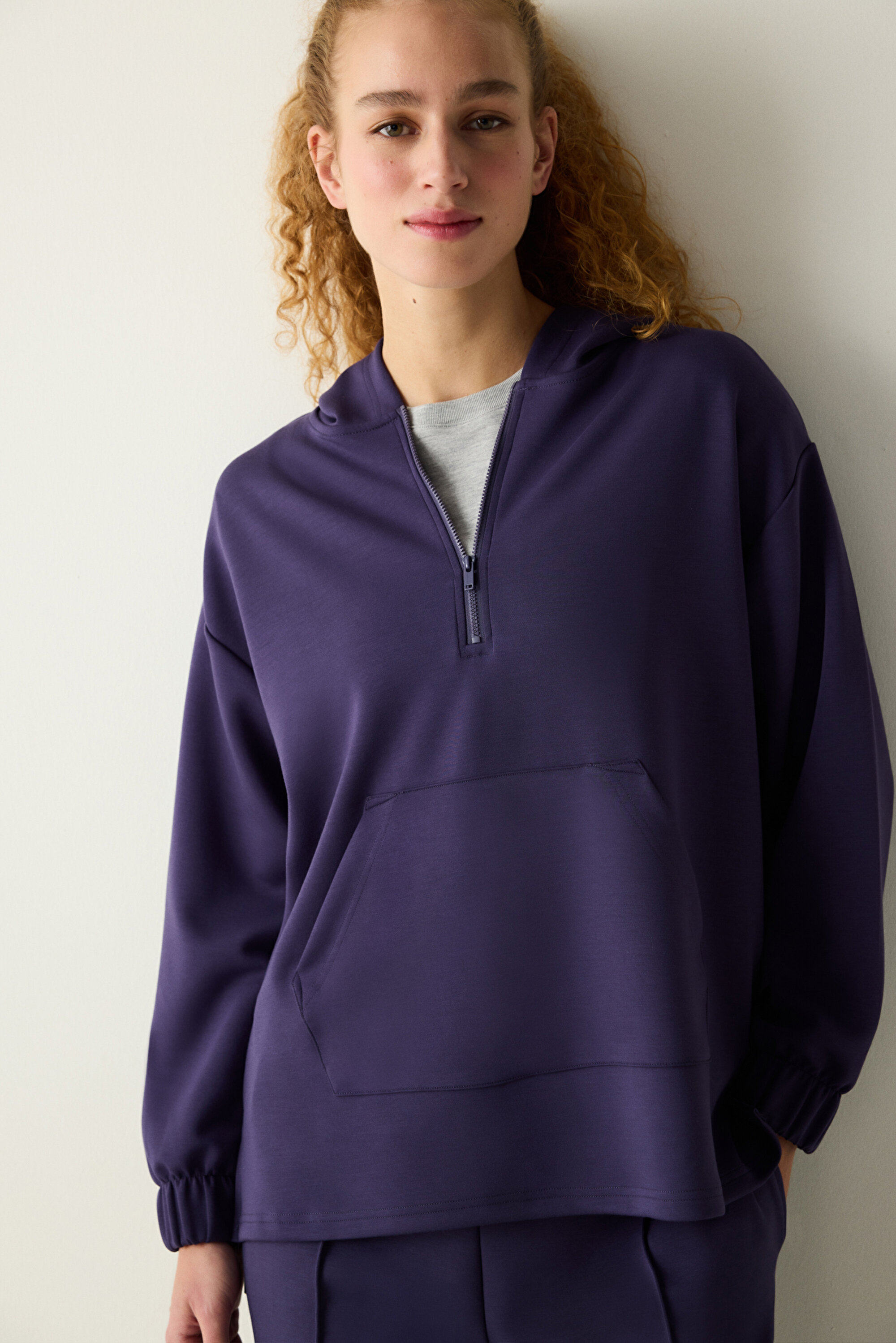 Koyu Indigo Yarım Fermuarlı Kapüşonlu Silky Touch Sweatshirt