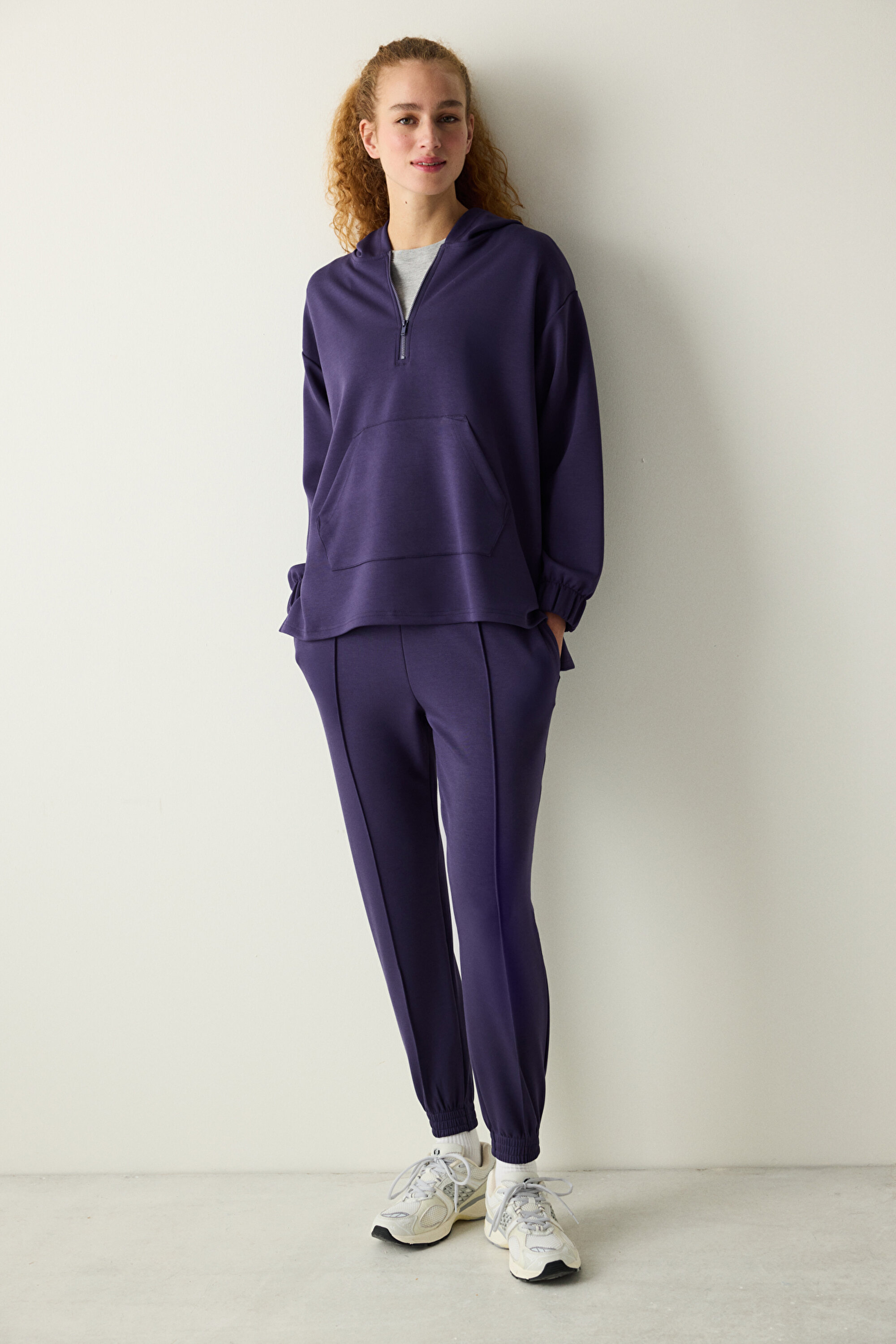 Koyu Indigo Yarım Fermuarlı Kapüşonlu Silky Touch Sweatshirt