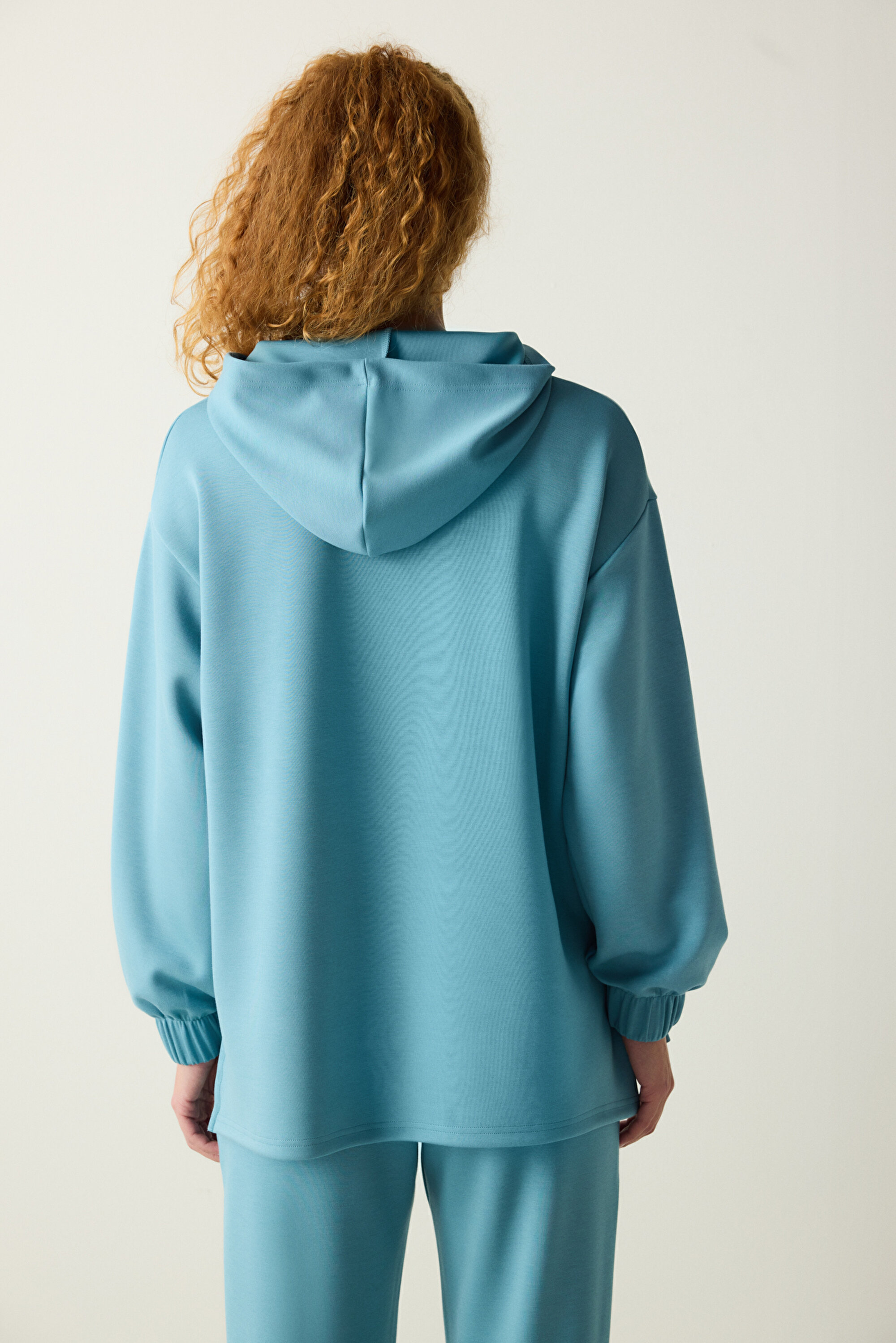 Turkuaz Mavi Yarım Fermuarlı Kapüşonlu Silky Touch Sweatshirt