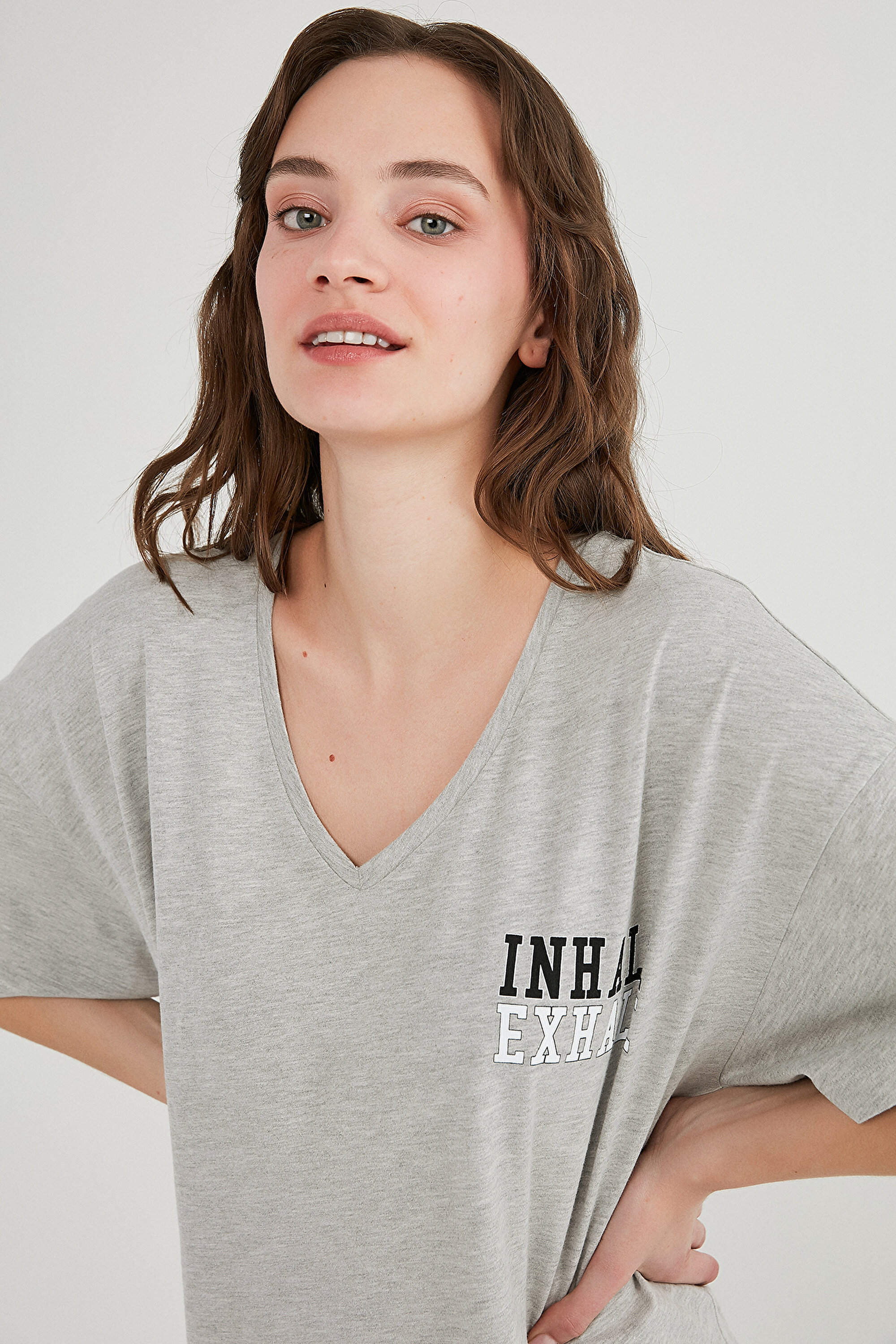 PFT V NECK OVERS, L, GE7 AÇIK GRİ MELANJ