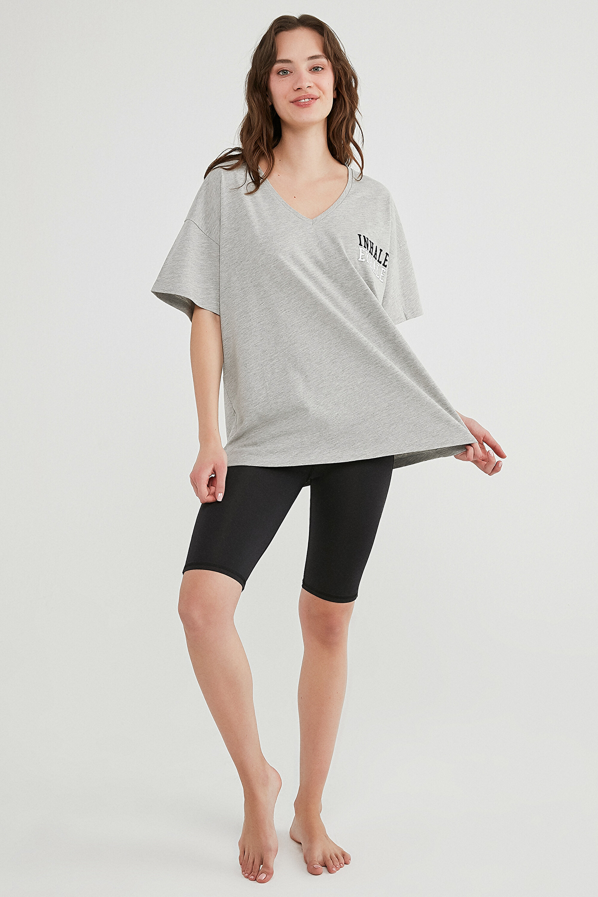 PFT V NECK OVERS, L, GE7 AÇIK GRİ MELANJ