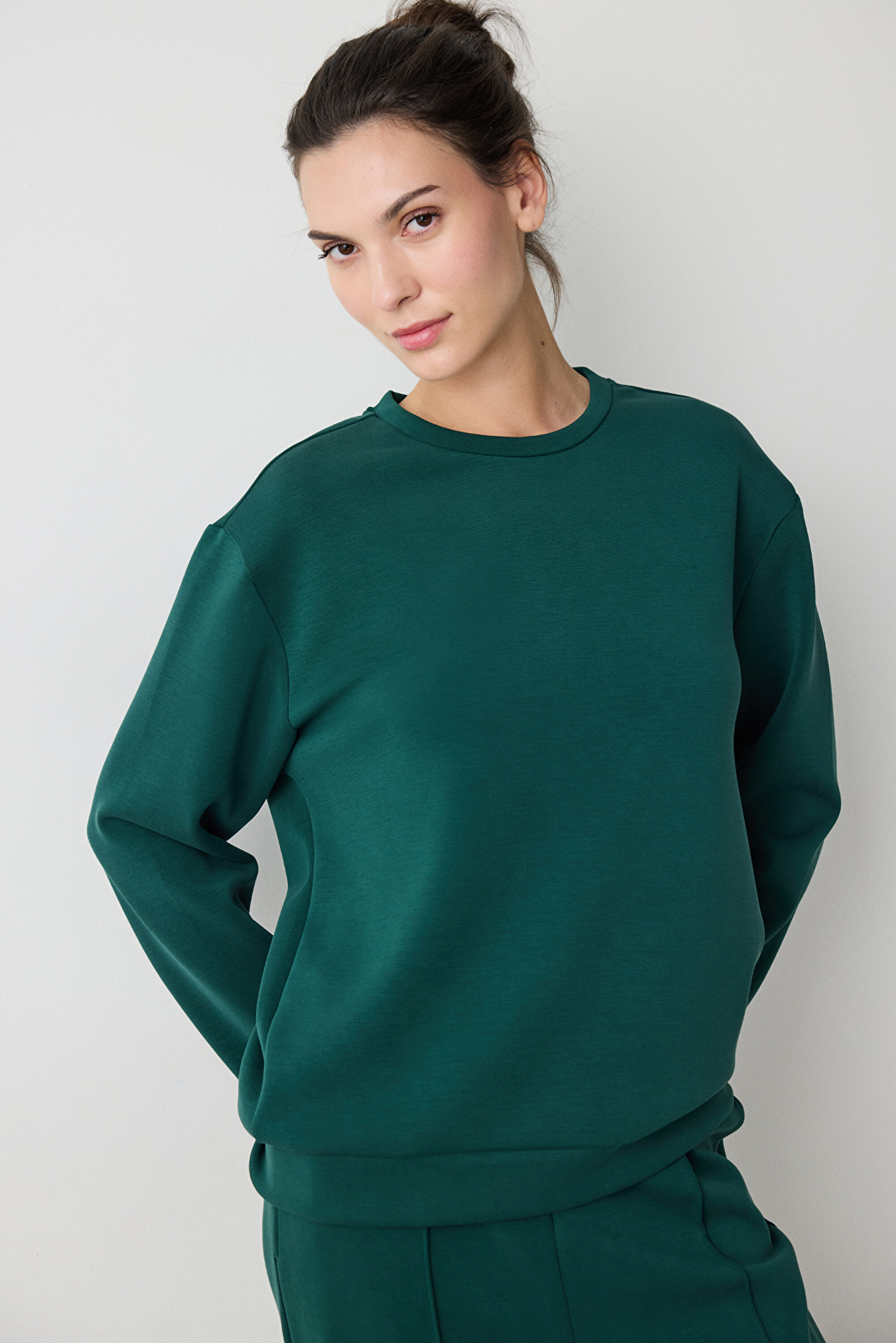 Koyu Yeşil Bisiklet Yaka Loose Fit Modal Sweatshirt PHH1G0X225IY