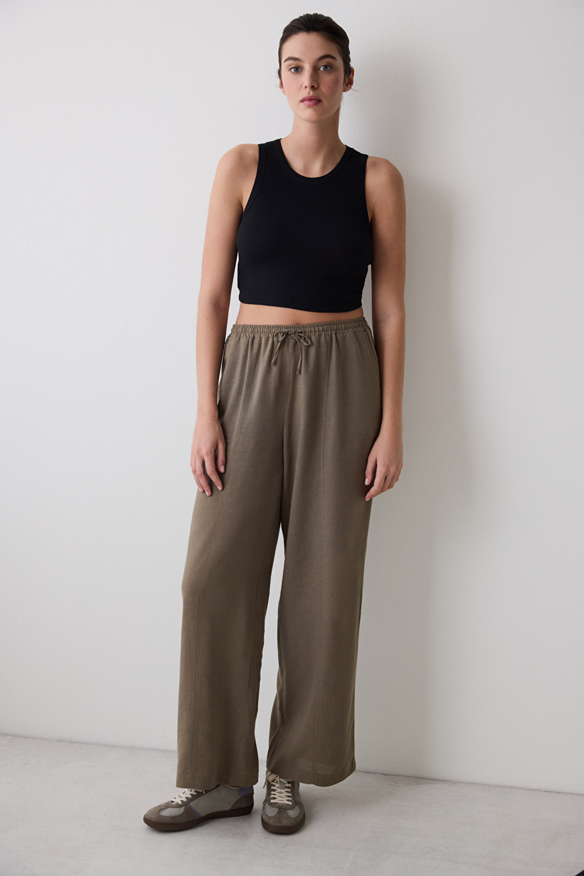 Haki Yüksek Bel Straight Fit Keten Pantolon PHH69IM425IY-KH9 - Penti