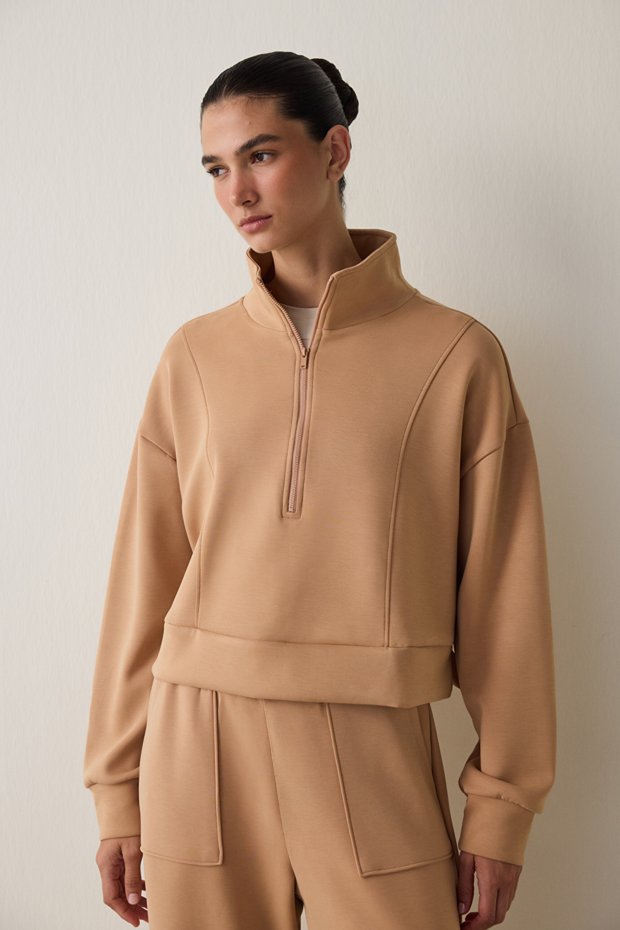 Açık Kahverengi Modal Dik Fermuar Yaka Sweatshirt PHI1Y91825SK