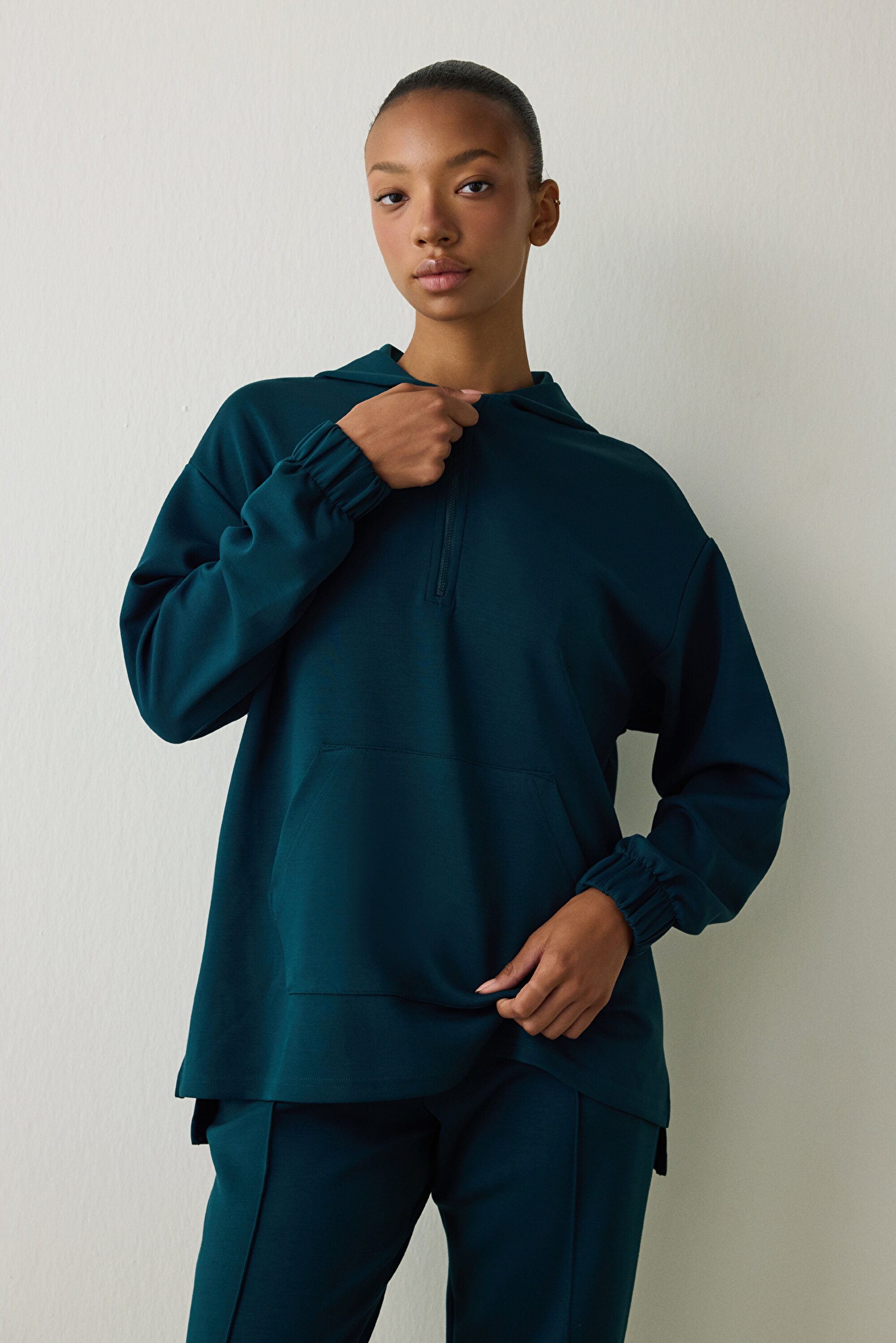 Koyu Yeşil Silky Feel Oversize Fermuarlı Sweatshirt PHIBYI5Y25SK