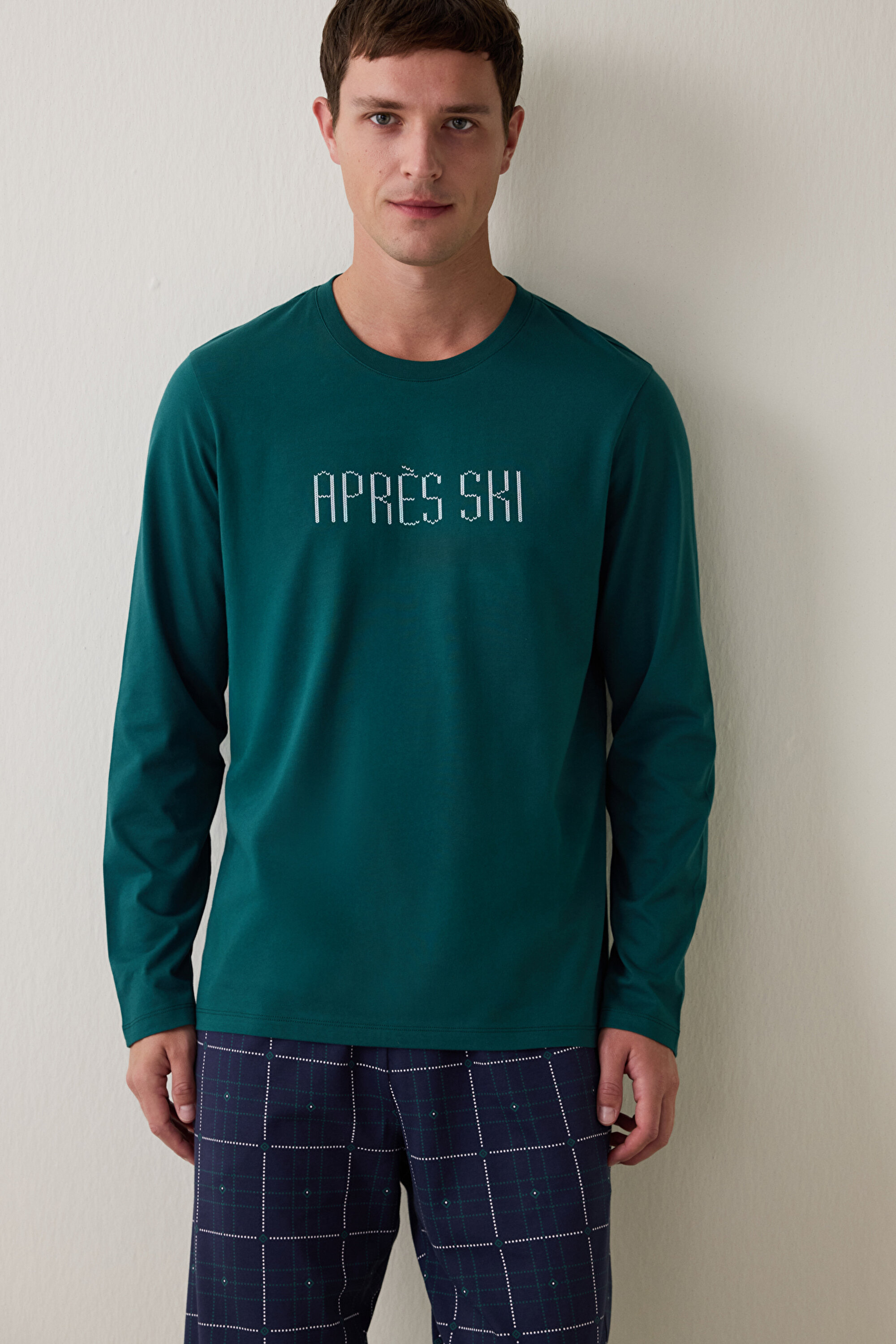 Yeşil Erkek Ski Ekoseli Bisiklet Yaka Pijama Takımı PHII935W25SK