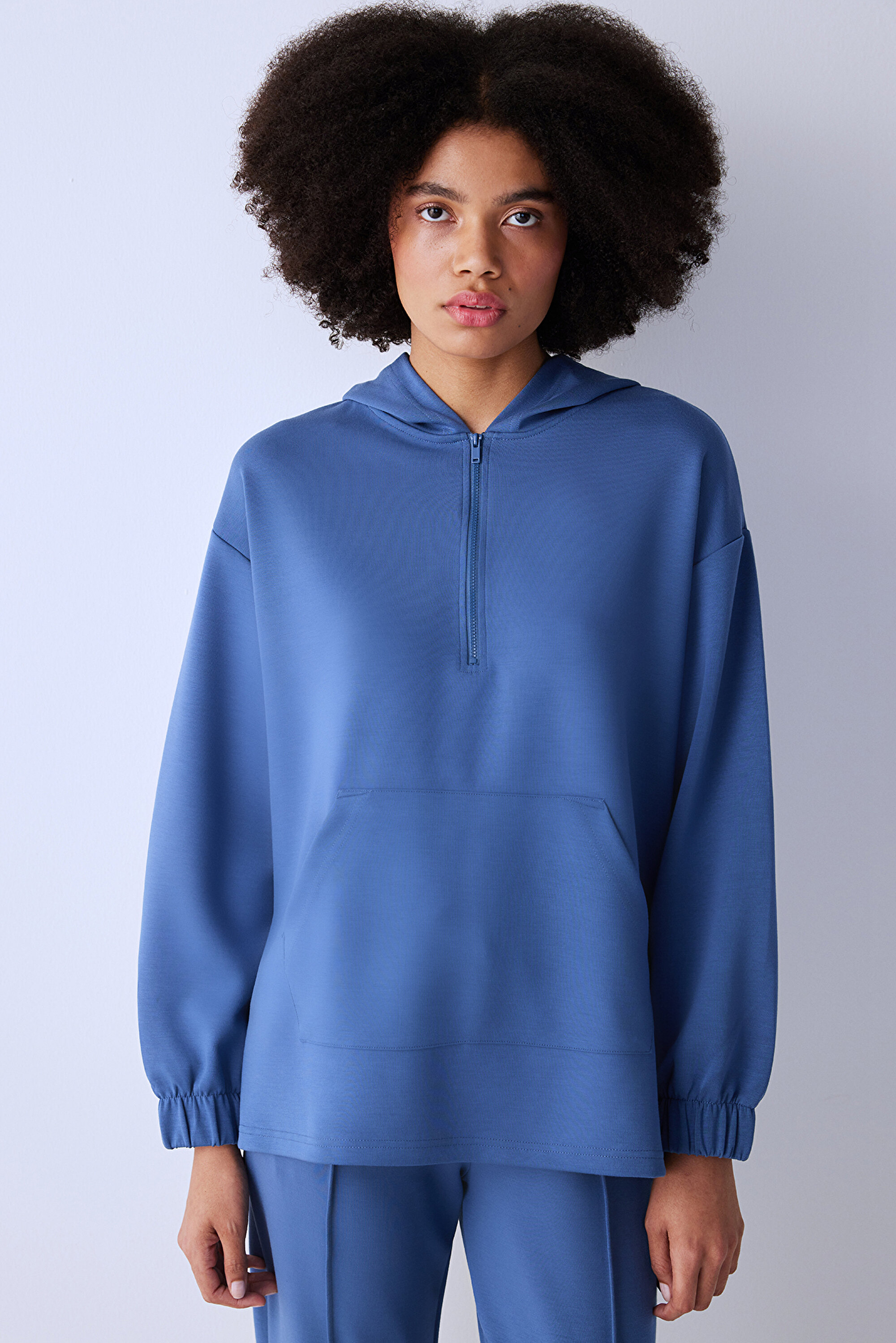 Koyu Mavi Fermuarlı Oversize Silky Touch Sweatshirt PHIXN0AB24SK