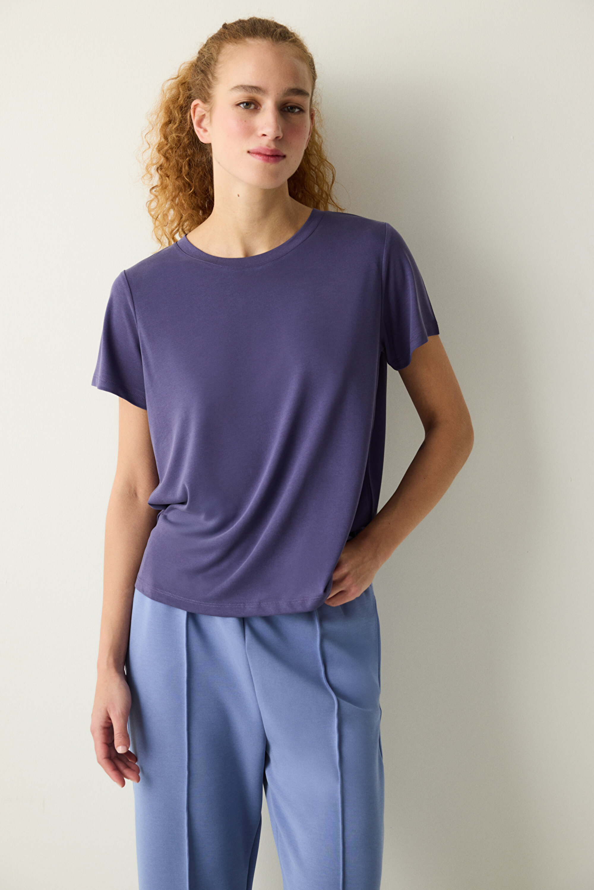 İndigo Bisiklet Yaka Regular Fit Modal Tişört PHO6ZXZ925IY-KNG