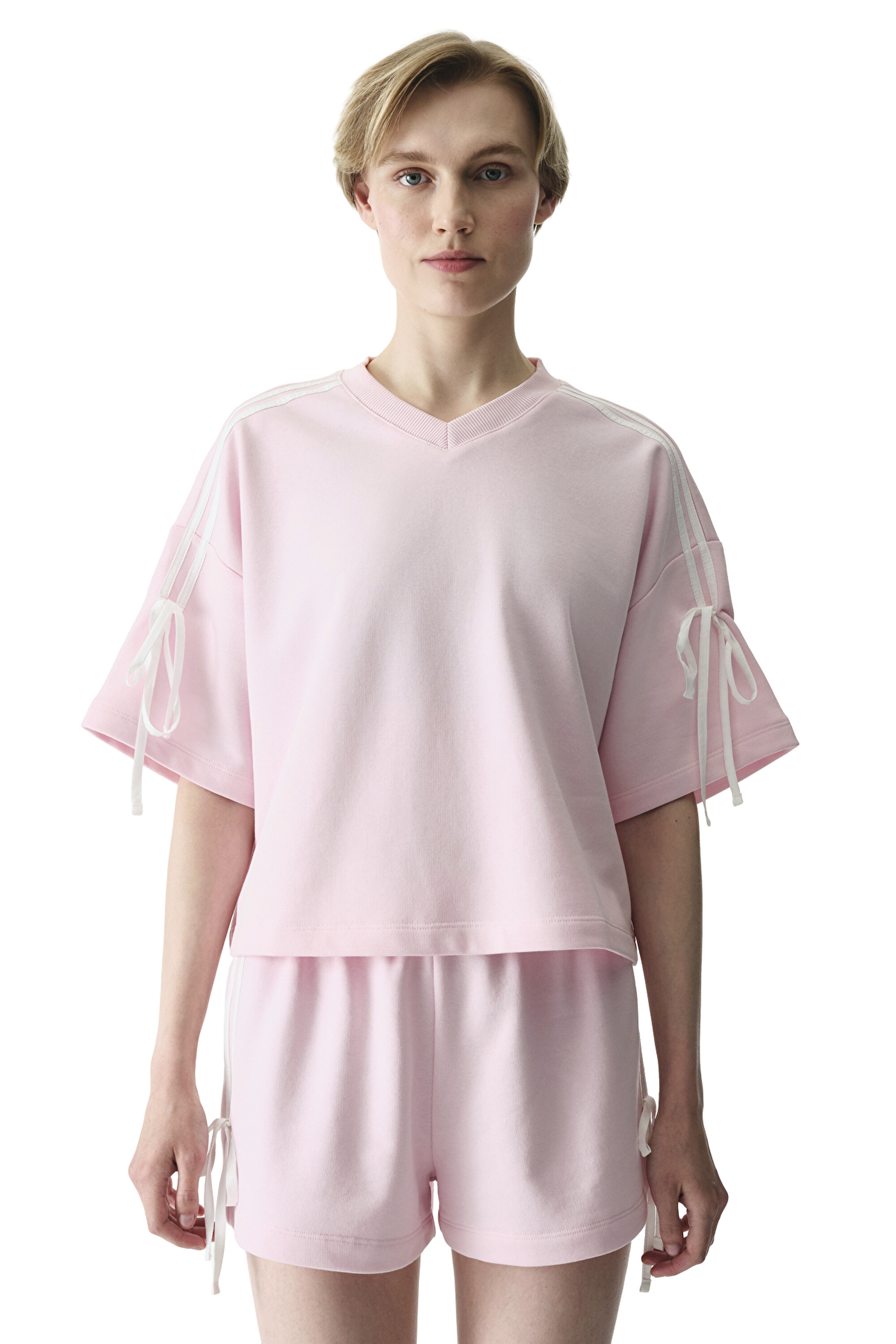 Açık Pembe Kurdele Detaylı V Yaka Oversize Üst PHQUX68J26IY-PN16
