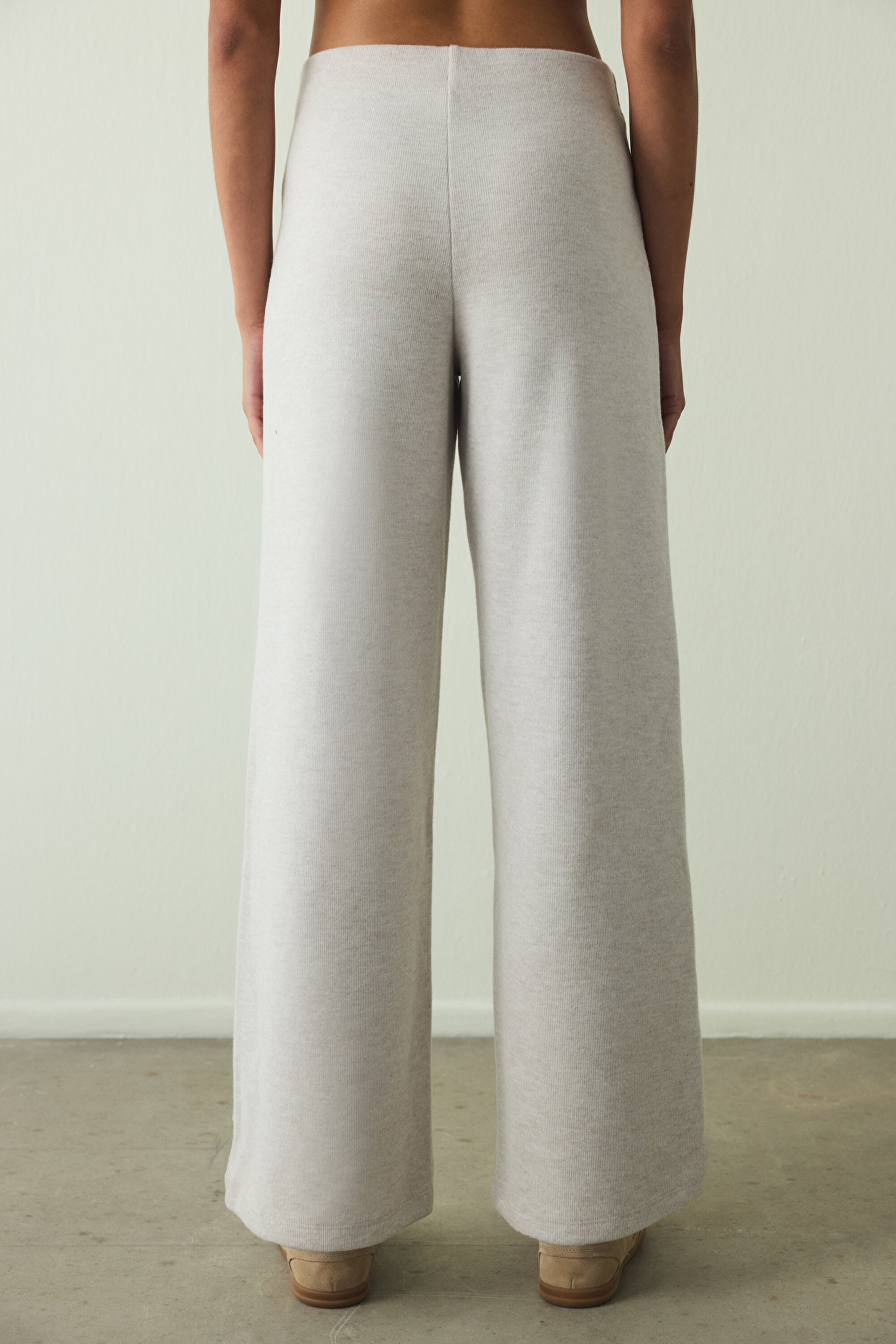 Beige Melange Warm High Waist Wide Leg Trousers PHU3C1FQ25SK