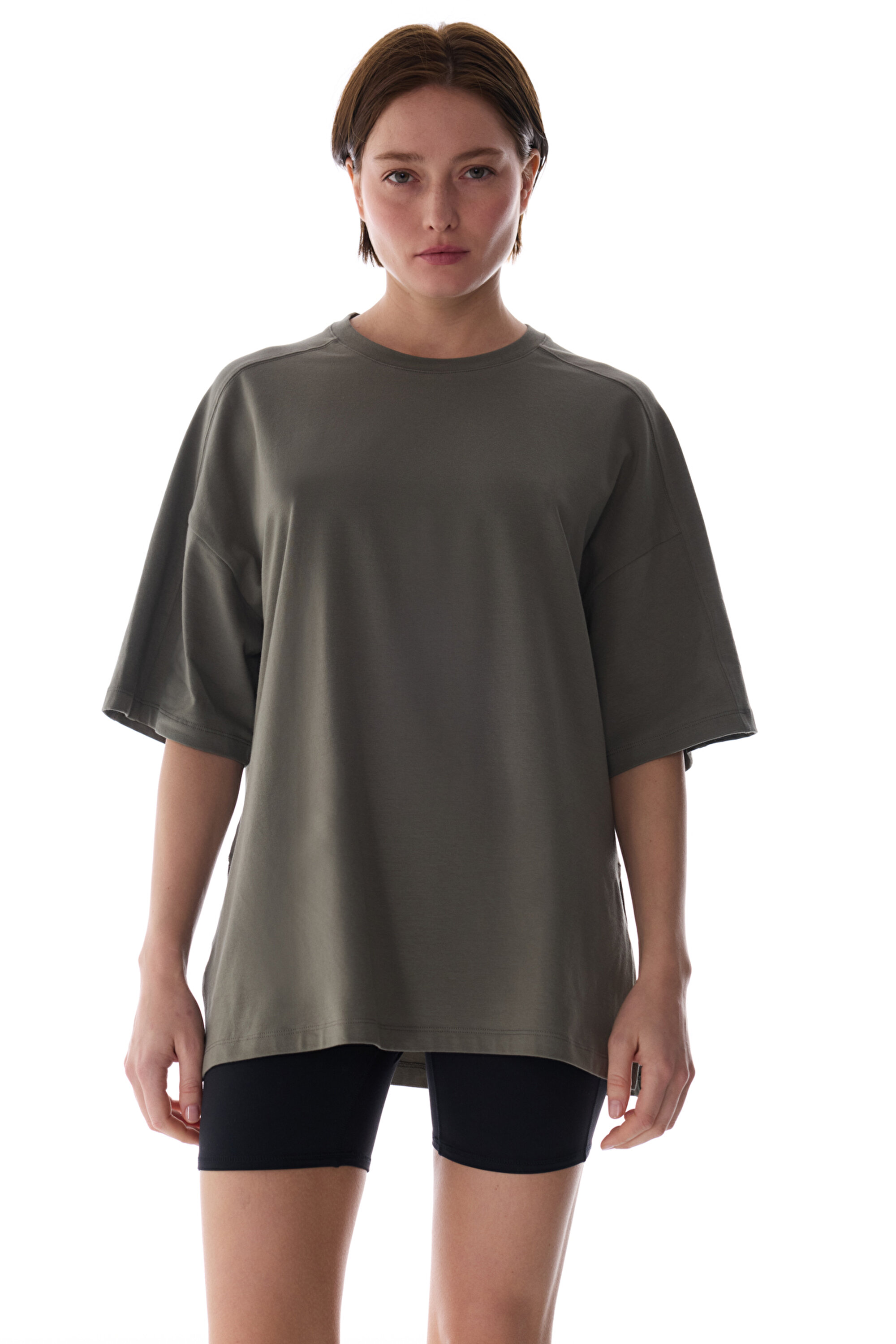 Haki Oversize Bisiklet Yaka Pamuklu Tişört PHX6PRNZ26IY-KH12
