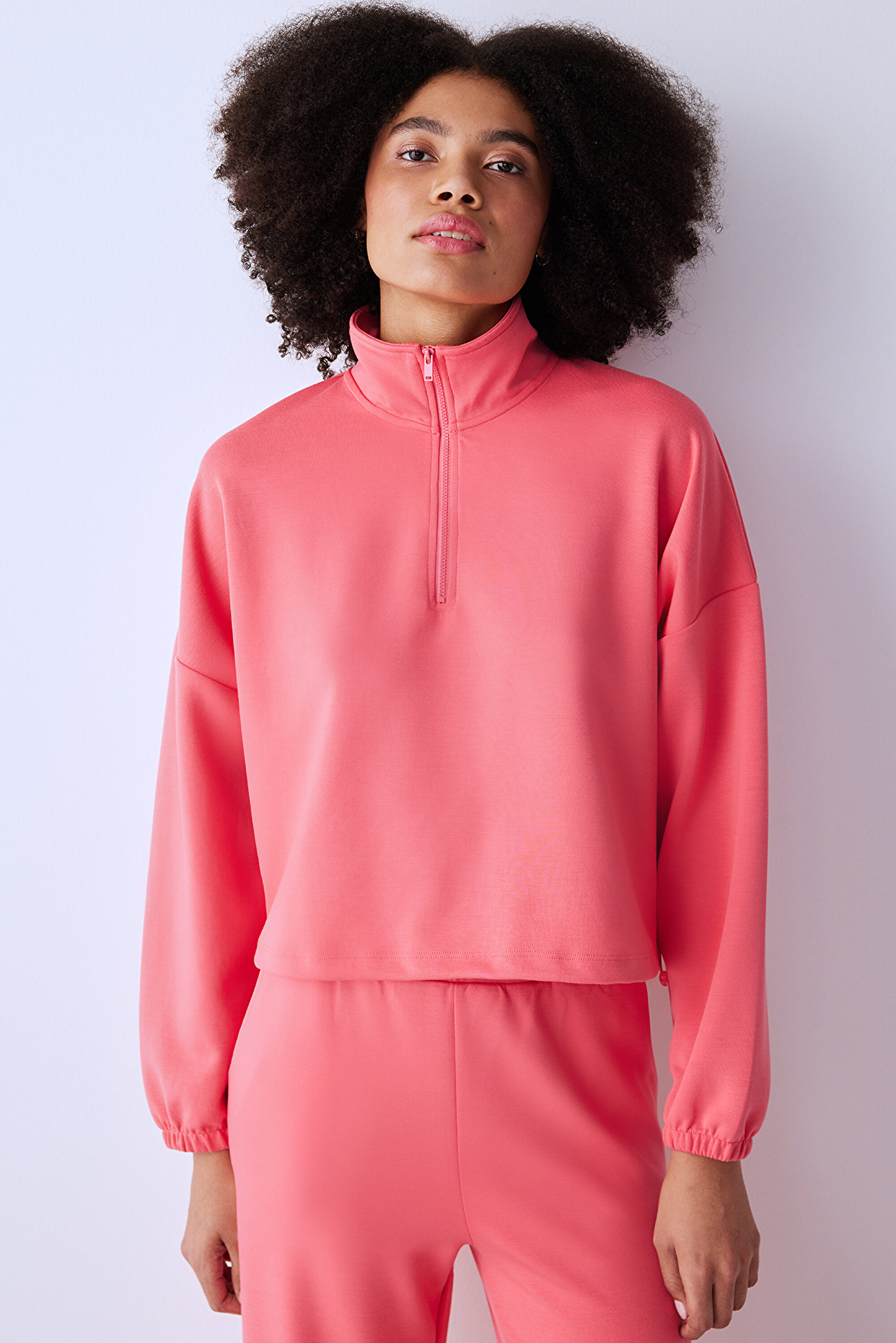 Mercan Yarım Fermuarlı Silky Touch Crop Sweatshirt PHXB5Y3T24SK