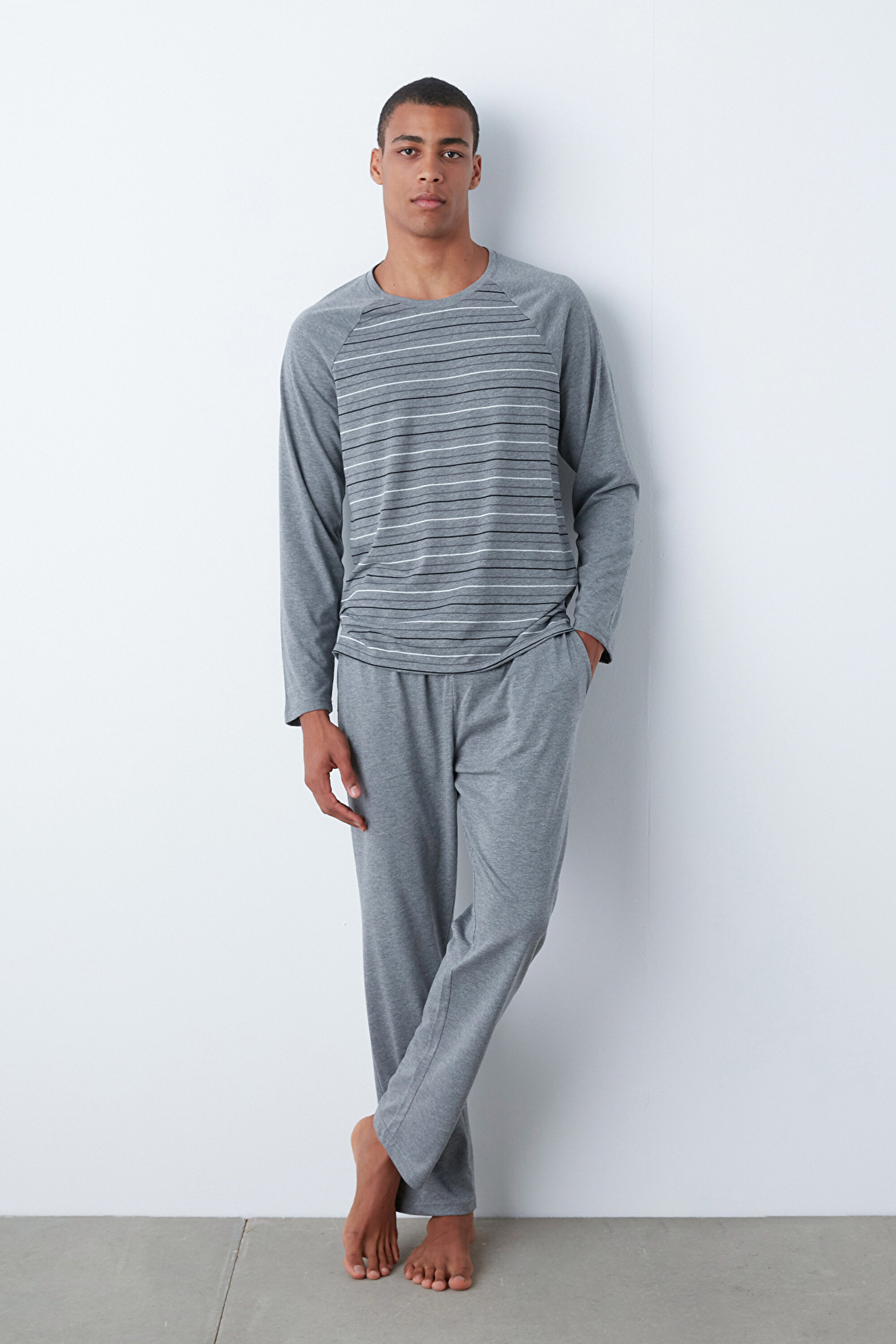 GREY STRIPED LS PANTOLON SET, L, MIX MIX
